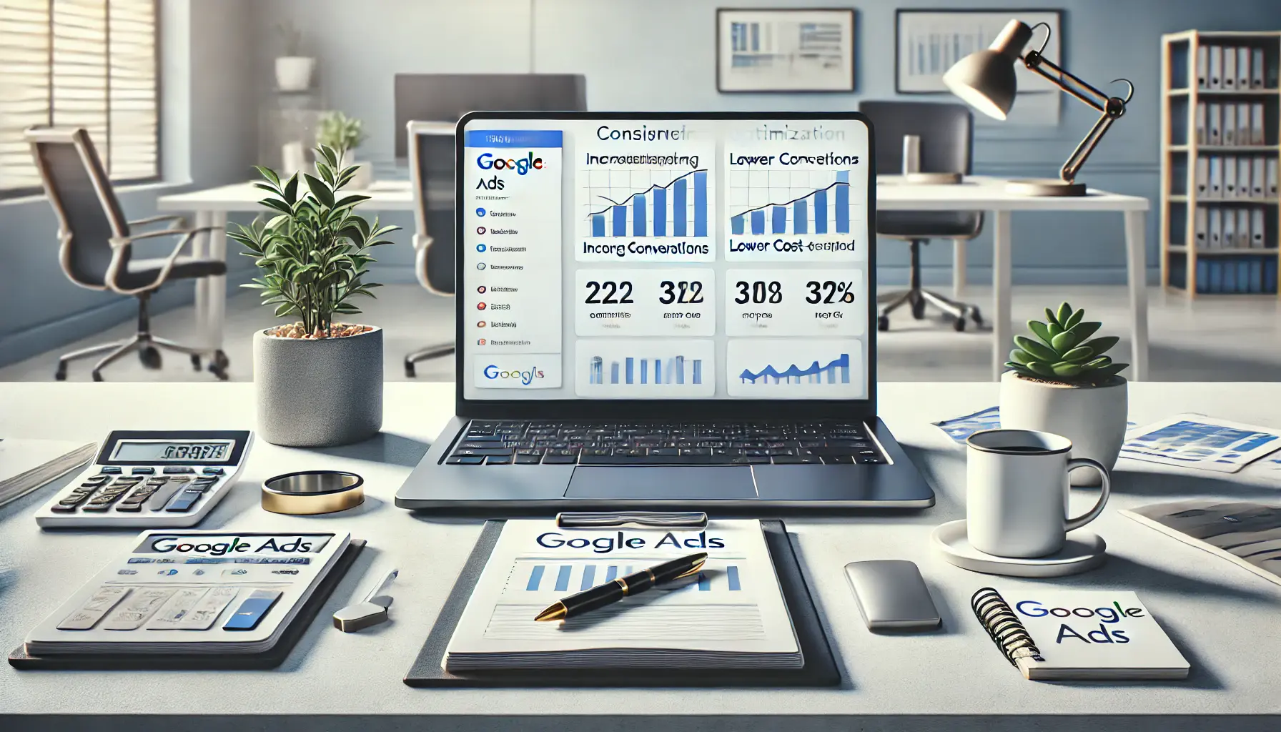 A modern office workspace with a laptop displaying a Google Ads campaign dashboard showing improving performance metrics like increasing conversions, lower cost-per-click, and higher ROI, surrounded by a notepad, pen, and coffee cup.