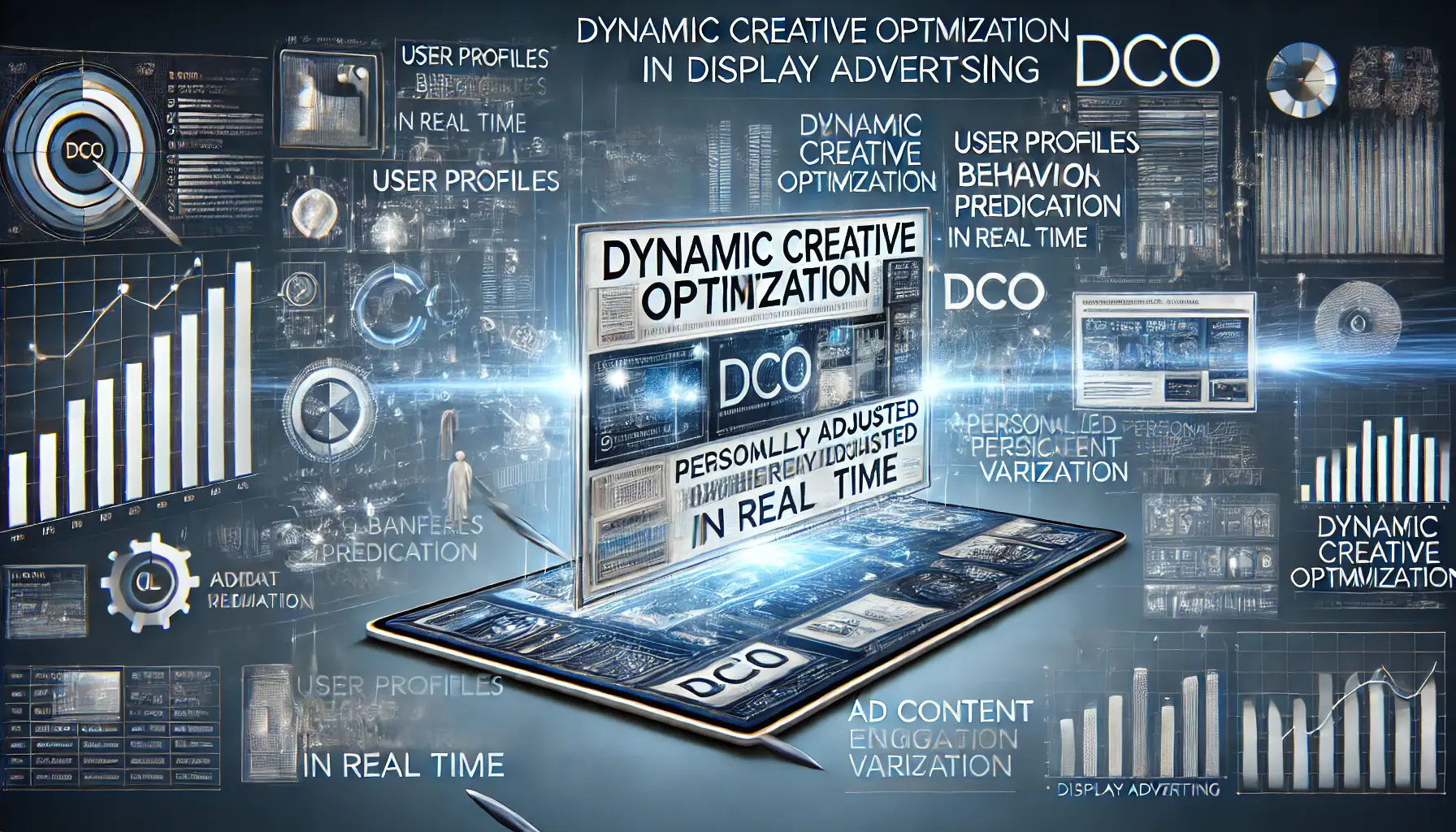 Abstract illustration of the benefits of Dynamic Creative Optimization (DCO) with personalized ad banners, user profiles, and behavior prediction in cool tones.