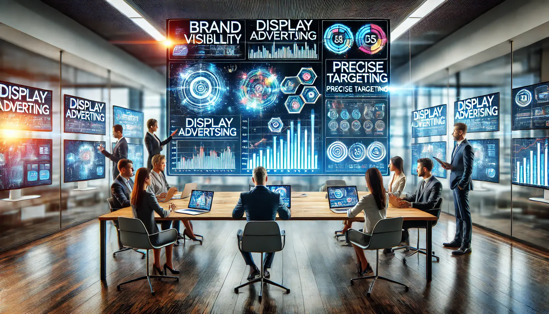 A modern office with professionals analyzing vibrant data visuals showcasing the advantages of B2B display advertising such as targeting and engagement.