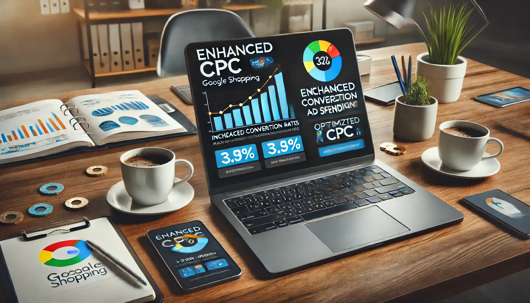 A digital marketing workspace with a laptop displaying a graph showing increased conversion rates and optimized ad spending for Google Shopping campaigns.