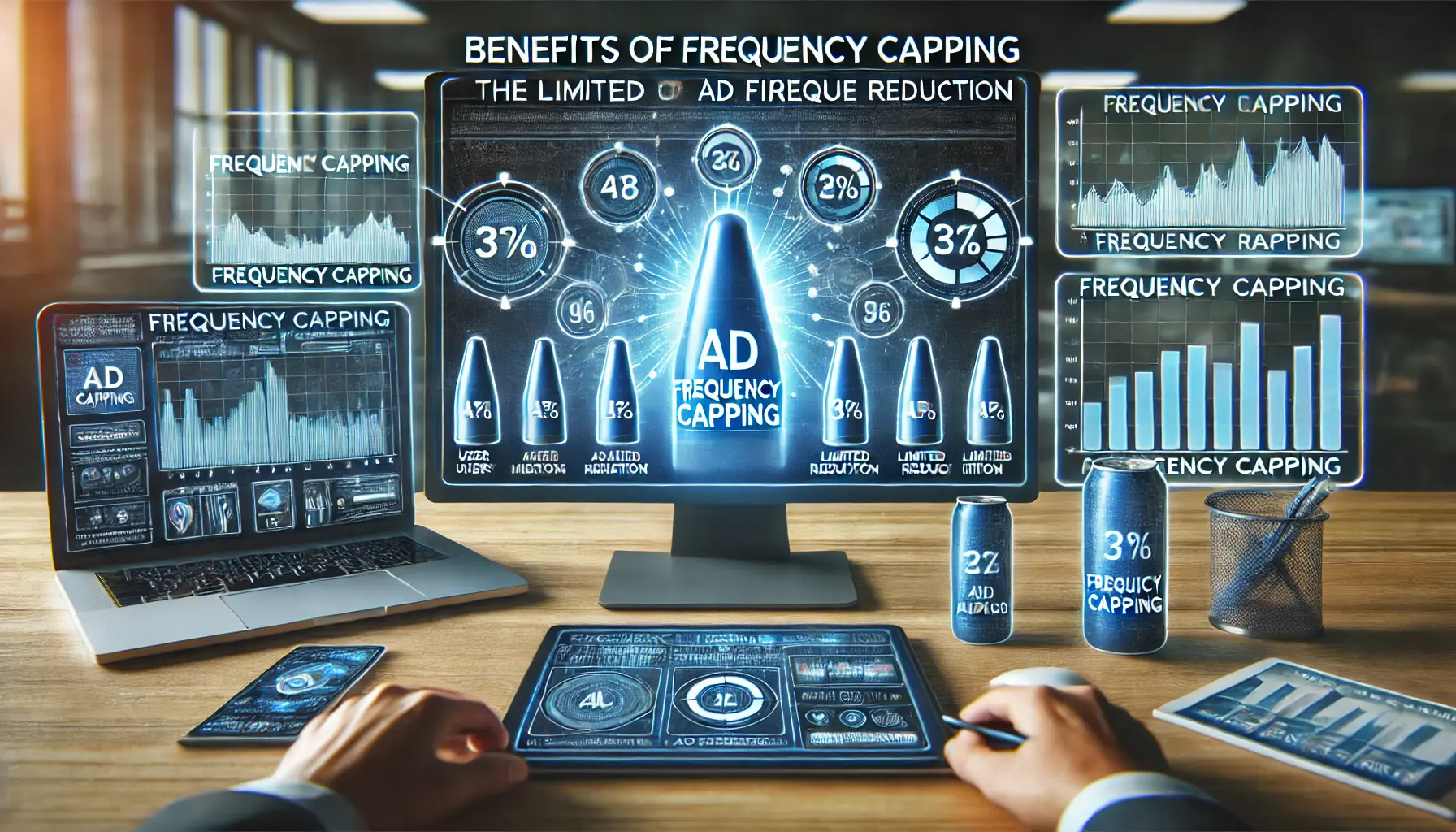 Illustration of the benefits of frequency capping with reduced ad impressions and improved user experience across devices.