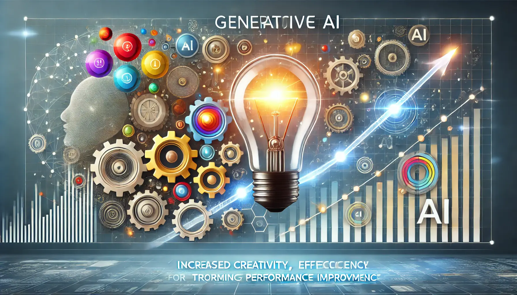 Illustration showcasing the benefits of Generative AI for advertisers, featuring symbols of creativity, efficiency, and performance growth.