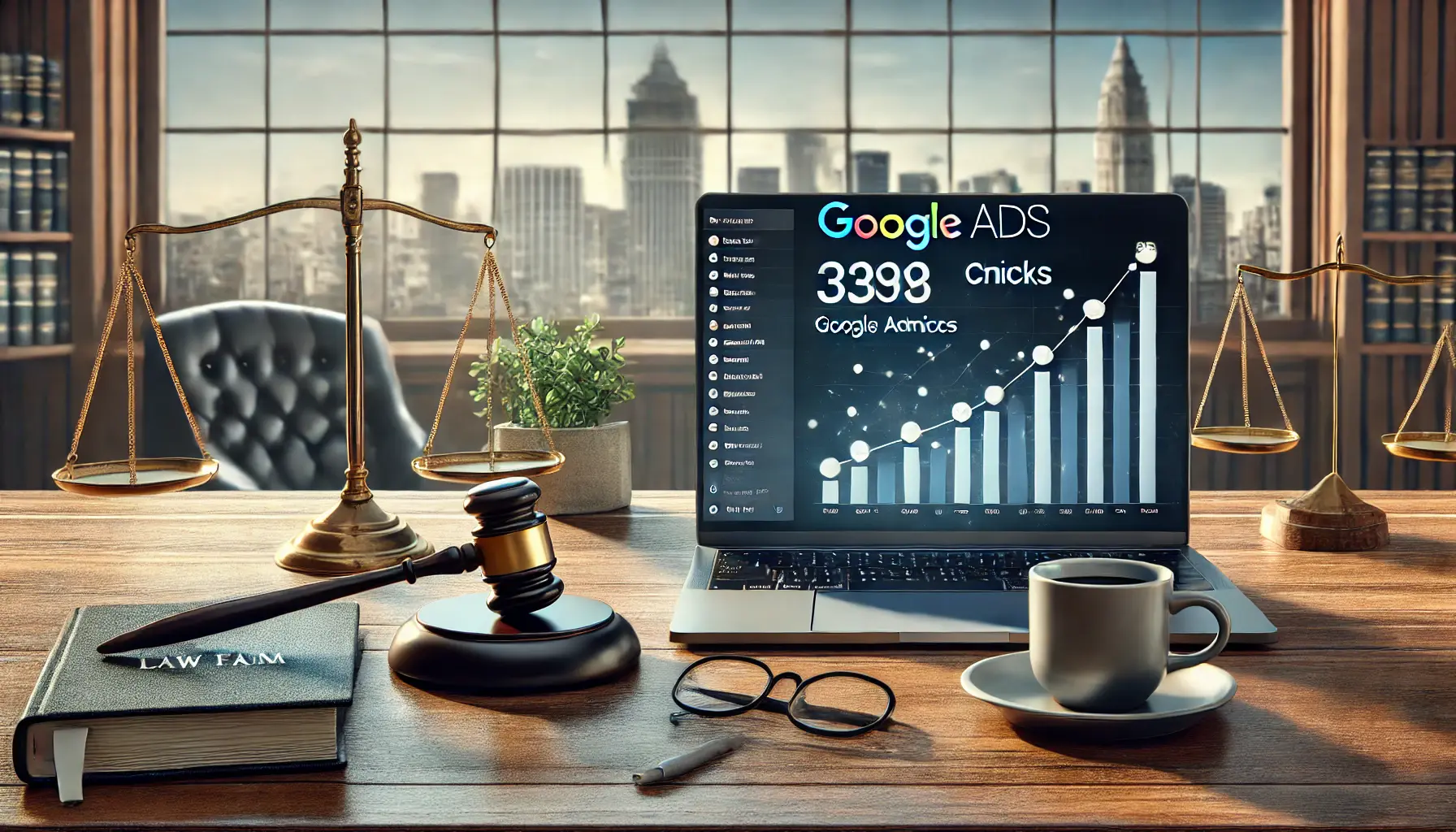 A law firm office with a modern desk, a laptop displaying Google Ads performance metrics, and a city skyline in the background, symbolizing the advantages of Google Ads for law firms.