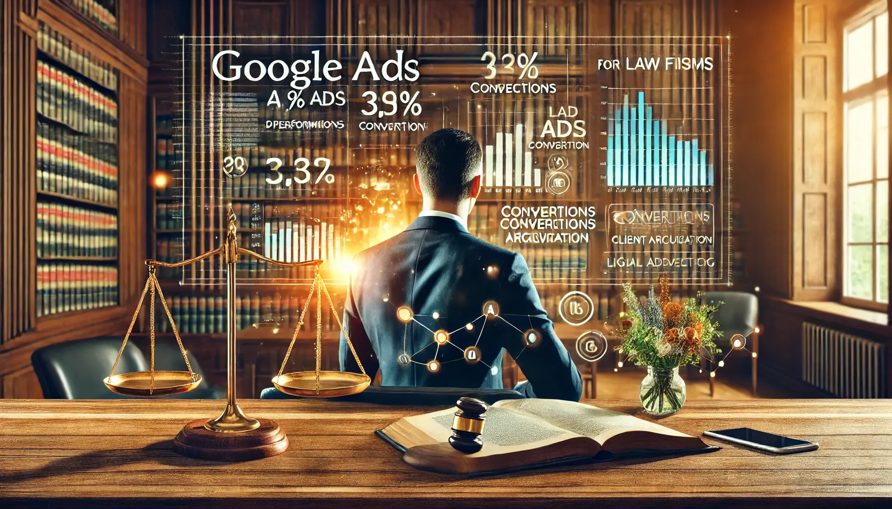 Illustration of a lawyer reviewing an analytics dashboard with metrics on ad performance and client acquisition, surrounded by legal and digital elements.