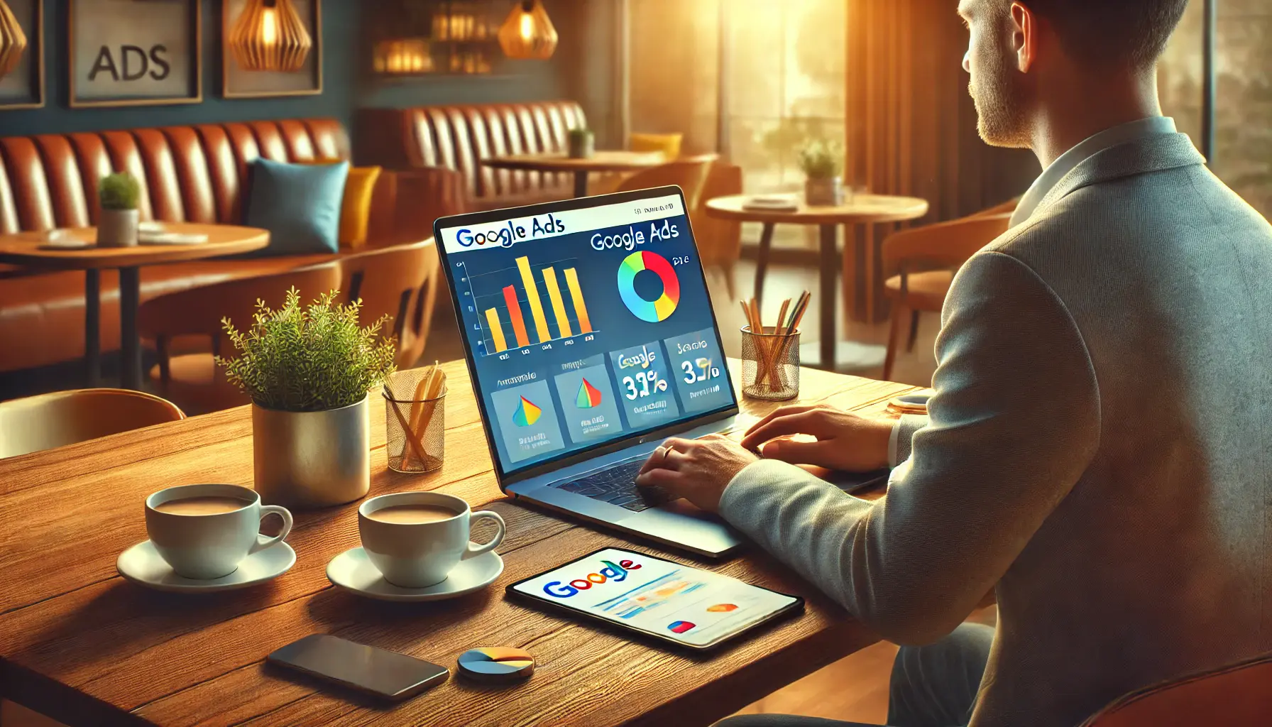 A small business owner using a laptop displaying Google Ads analytics in a cozy cafe setting, surrounded by tools symbolizing accessibility and measurable marketing results.