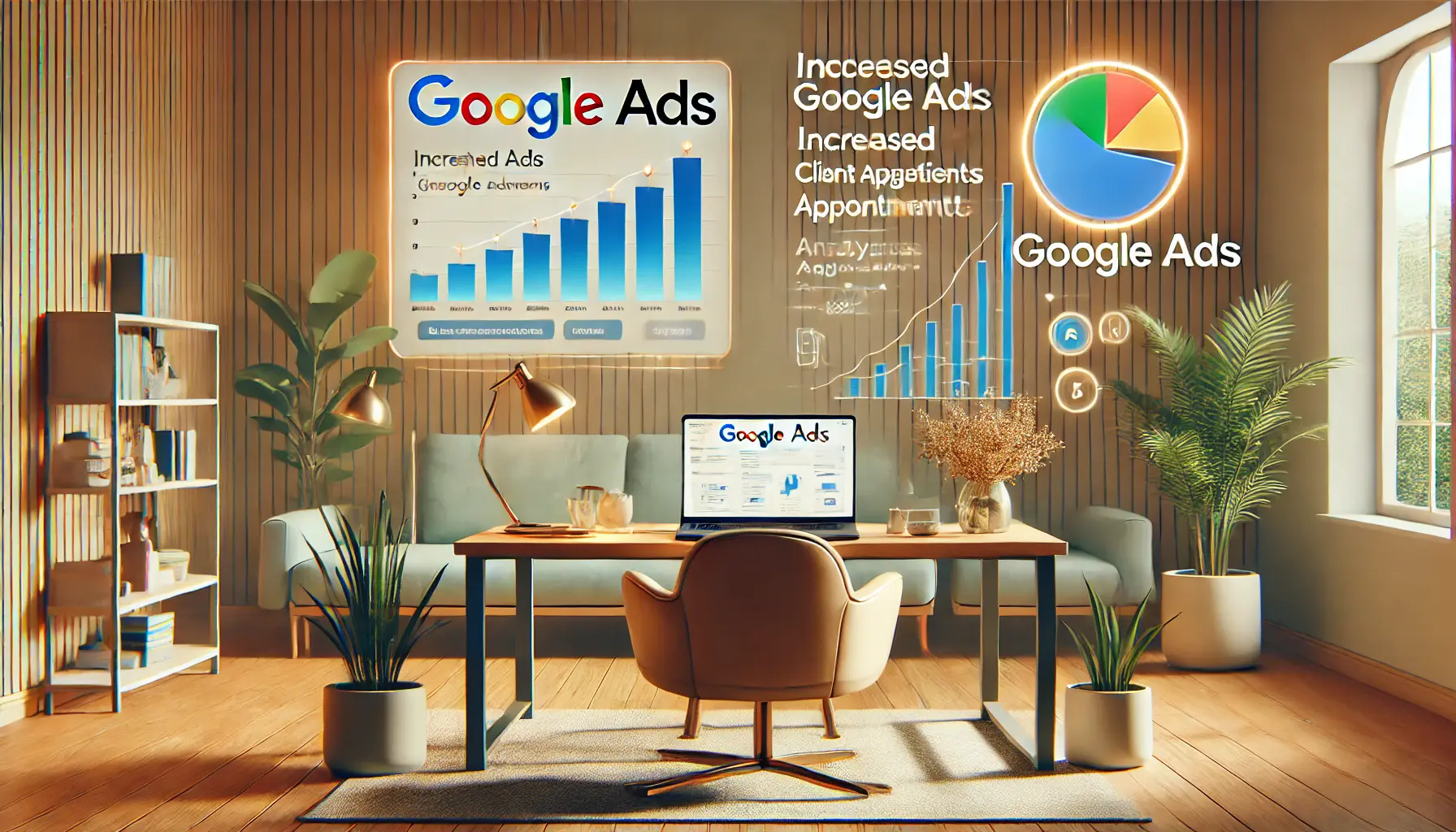 An image showcasing the benefits of Google Ads for therapists, with a laptop displaying a successful campaign and analytics results.