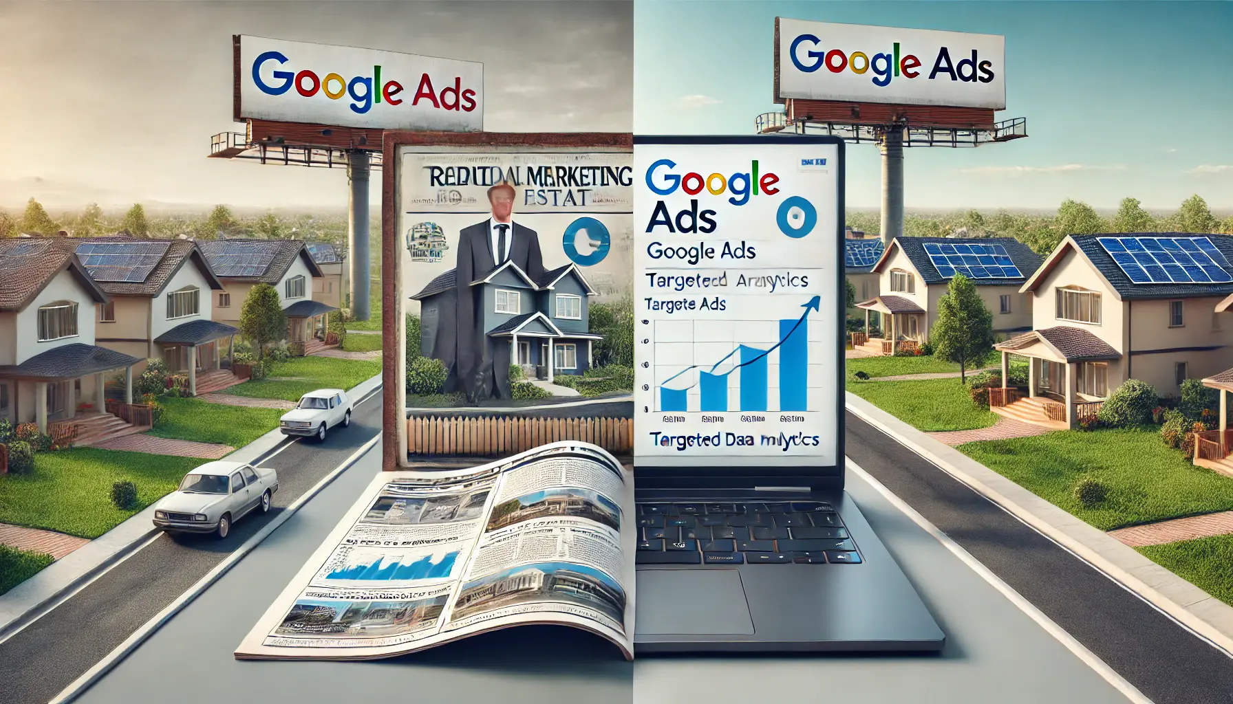 A split-screen image comparing traditional real estate marketing like newspapers and billboards with digital Google Ads on a laptop showing targeted analytics.