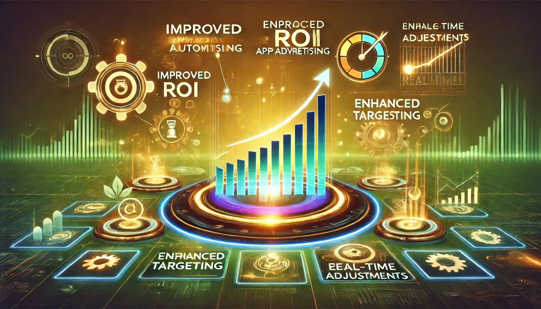 A digital interface with glowing graphs representing ROI, enhanced targeting, and real-time adjustments, surrounded by icons of efficiency and growth.