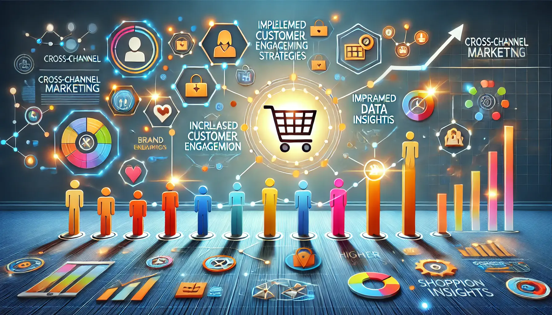 An image illustrating the benefits of cross-channel marketing, featuring elements like connected people icons for engagement, glowing brand logos for recognition, charts for data insights, and shopping carts with upward graphs for conversion rates.