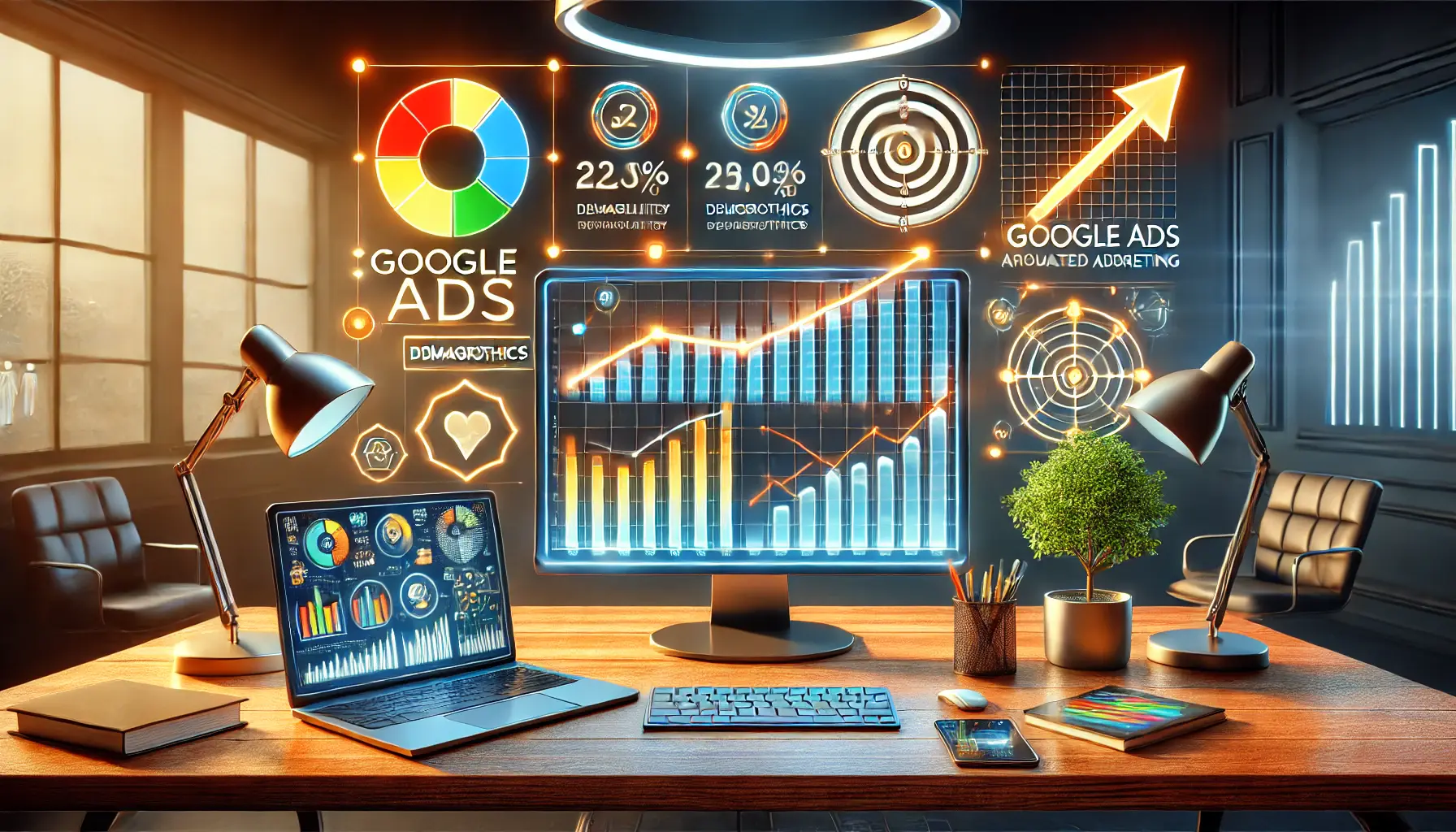 Digital workspace showcasing a vibrant interface with graphs, target icons, and analytics data representing Google Ads integration benefits.