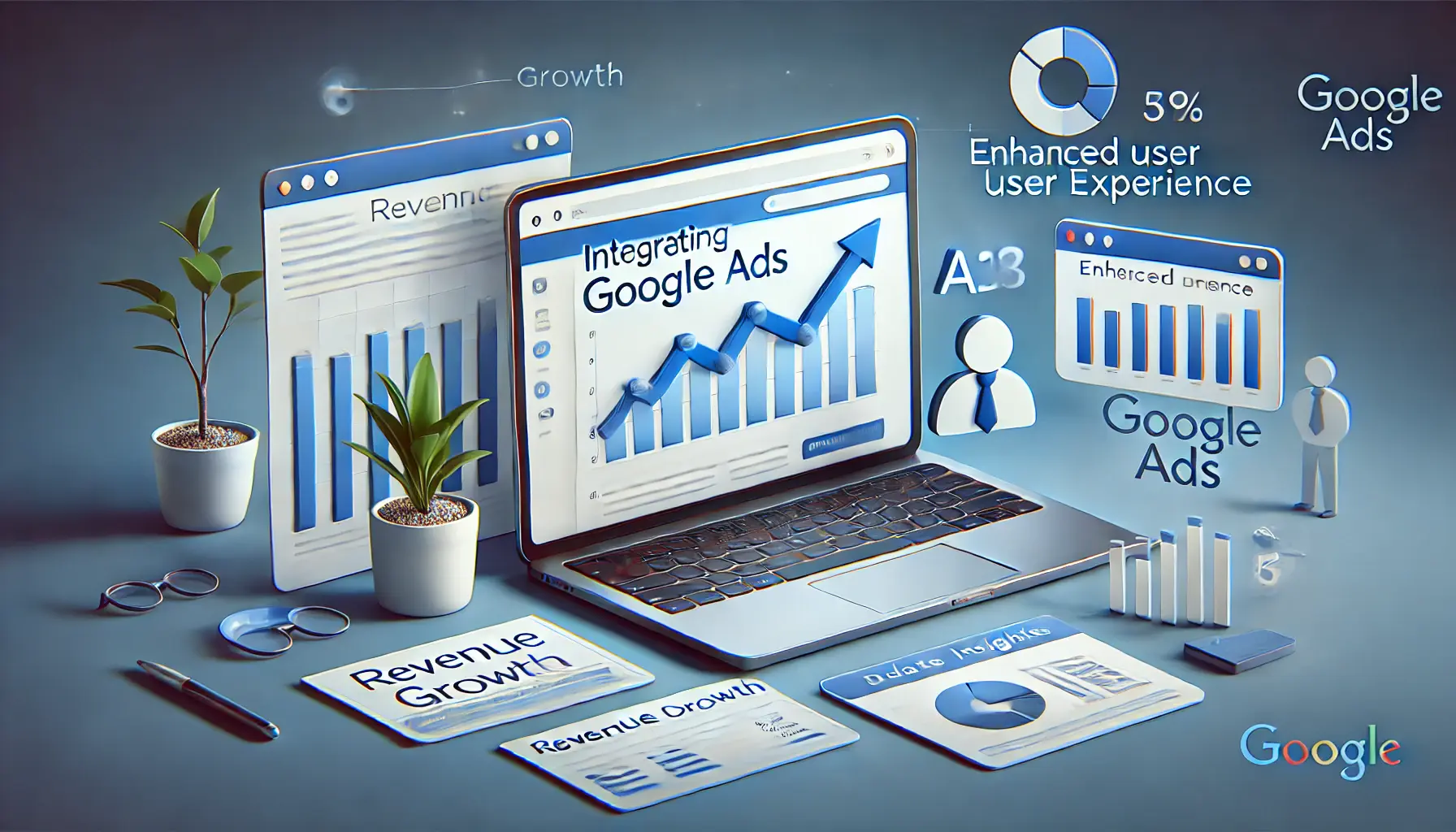 A depiction of Google Ads integrated into a publishing platform interface with elements symbolizing revenue growth, user experience, and analytics.