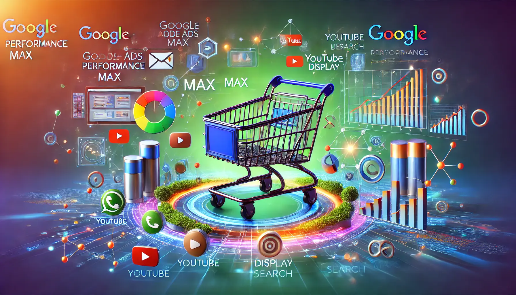 A dynamic illustration featuring a shopping cart, digital charts, and analytics graphs interconnected to highlight the benefits of Google Ads Performance Max for shopping campaigns.