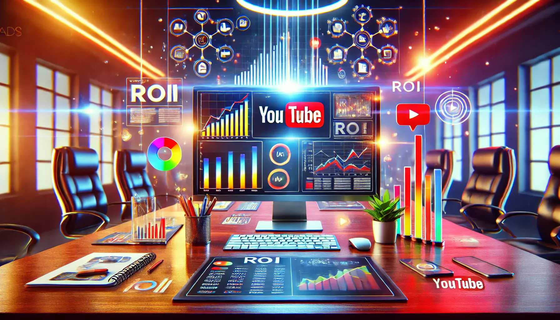 A computer screen displaying YouTube ad campaign analytics with marketing elements like ROI graphs and engagement metrics.