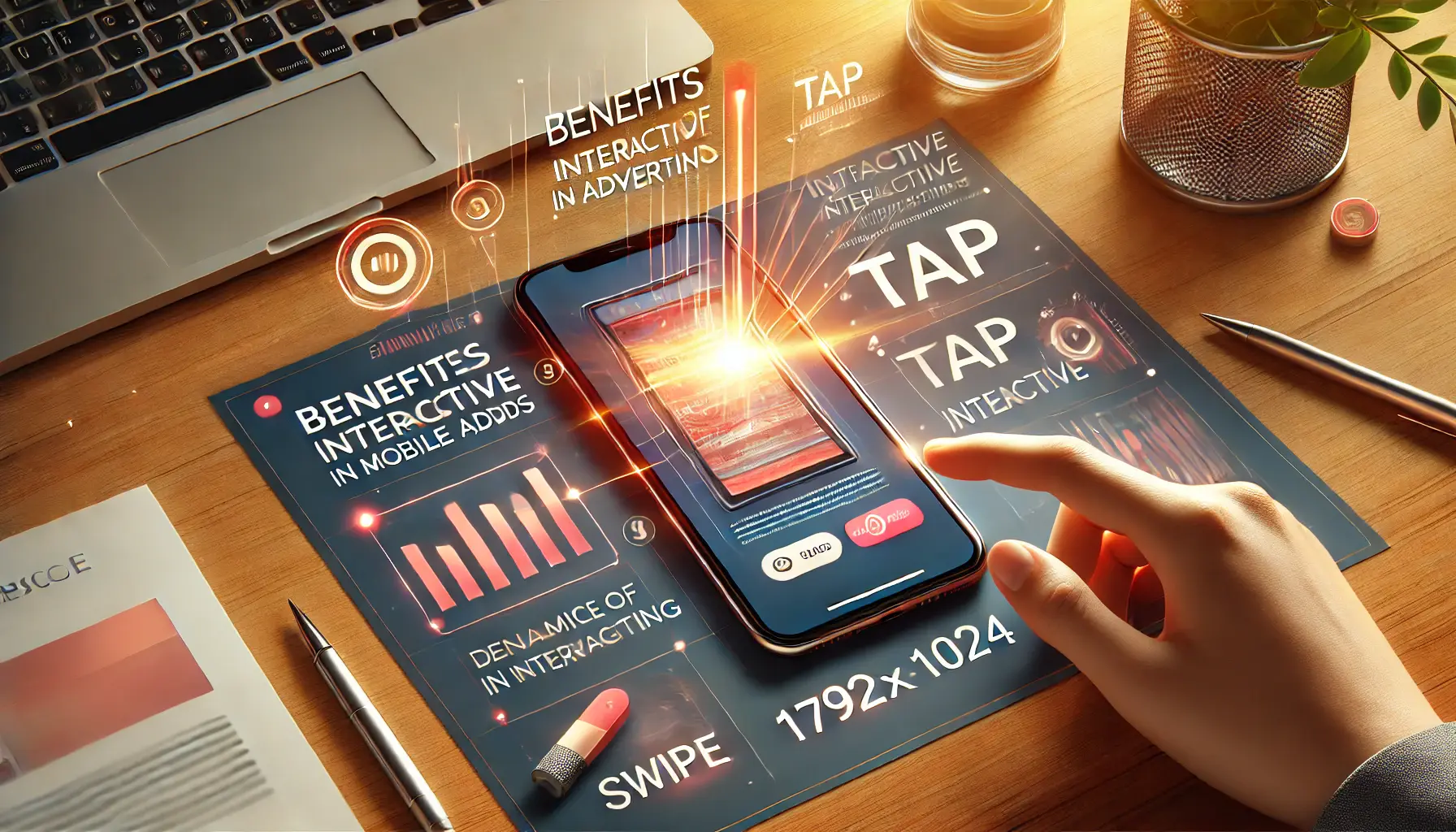 Illustration of interactive ads on a smartphone with dynamic engagement options like swipe and tap for mobile advertising.