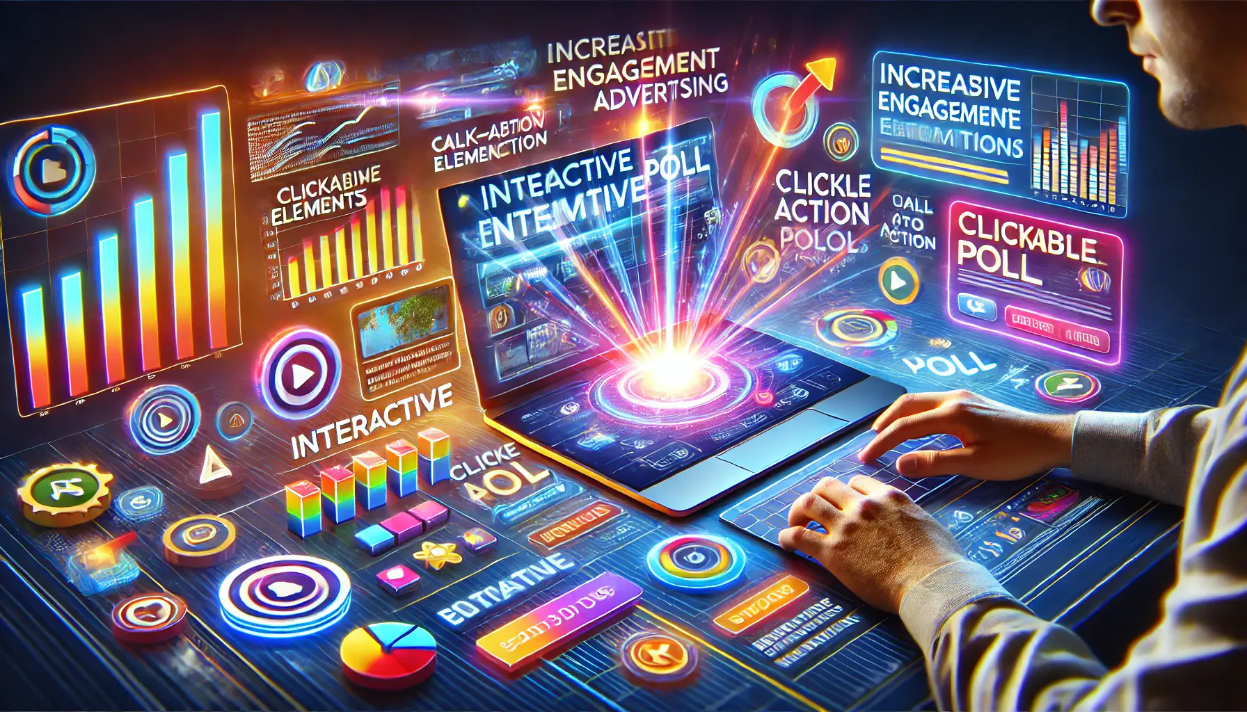 A laptop displaying vibrant interactive elements like call-to-action buttons, polls, and a video player, surrounded by graphs and data visualizations in a sleek digital marketing setting.