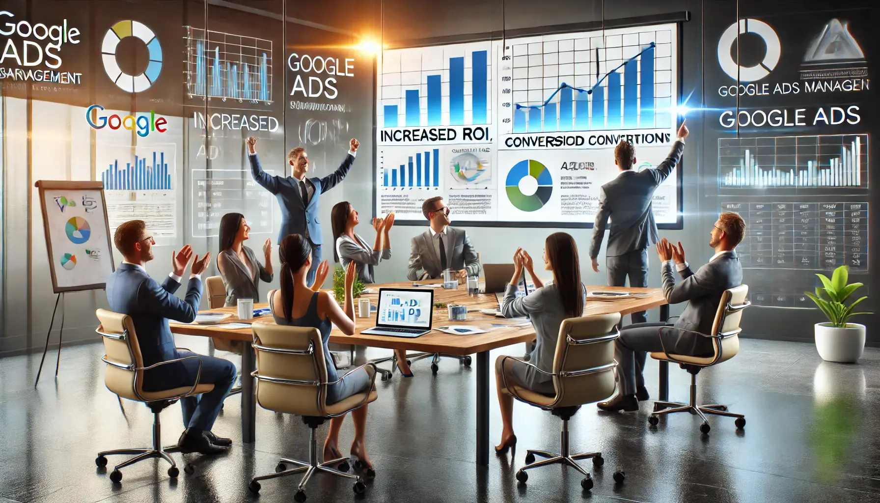 A business team celebrating successful campaign results with positive metrics and graphs on the screen, symbolizing the benefits of Google Ads Management Services.