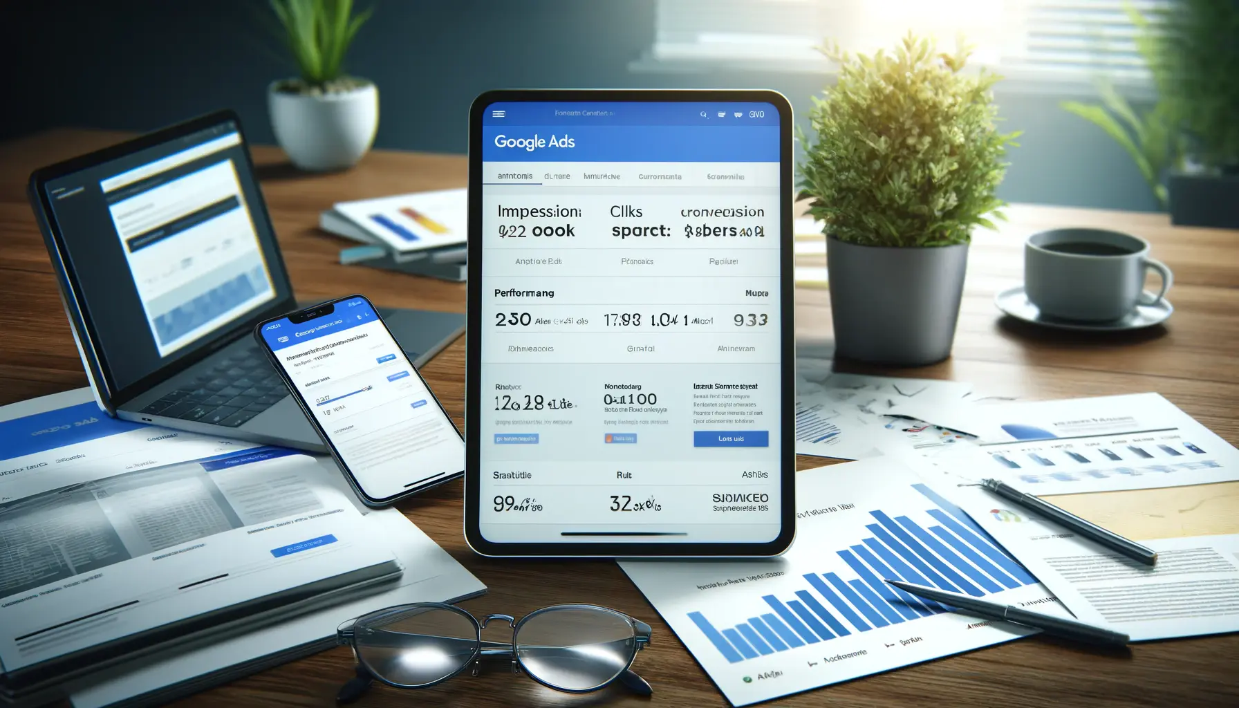 A workspace featuring a tablet with a Google Ads dashboard showing performance metrics, documents with graphs, and a smartphone displaying sponsored ads.