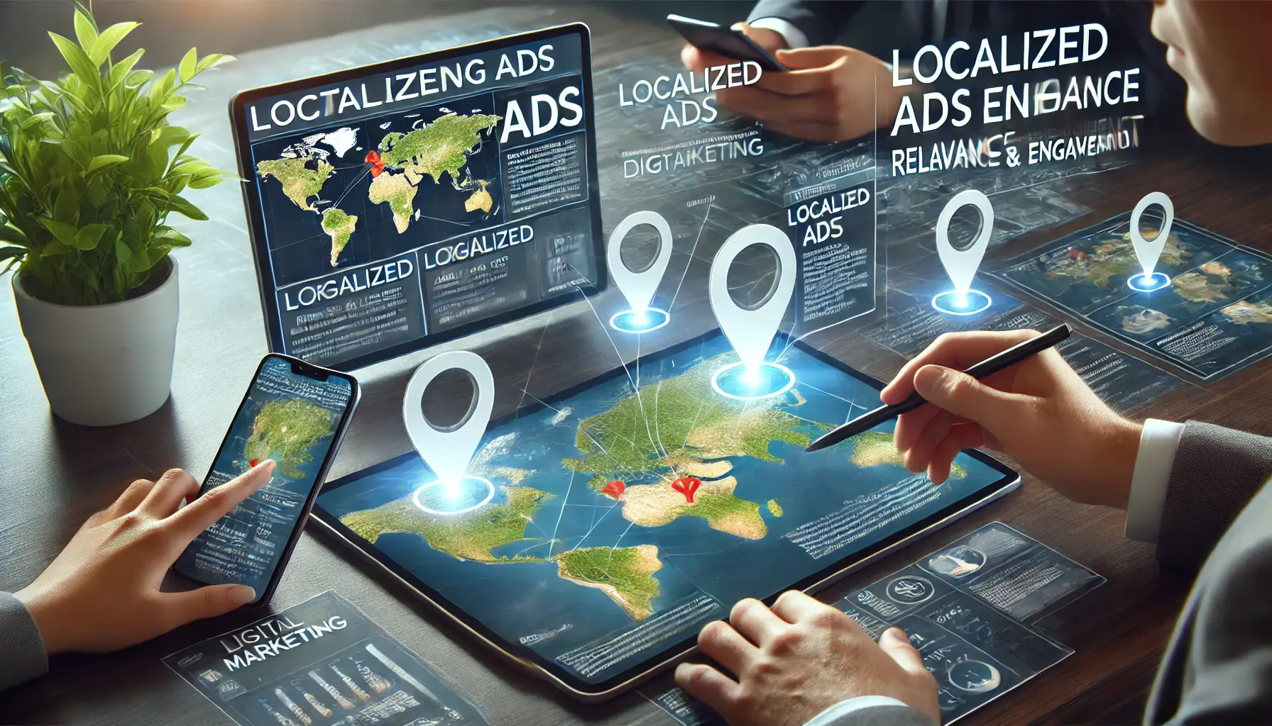 Illustration of the benefits of localized ads, showing targeted ads based on geographic locations across devices.