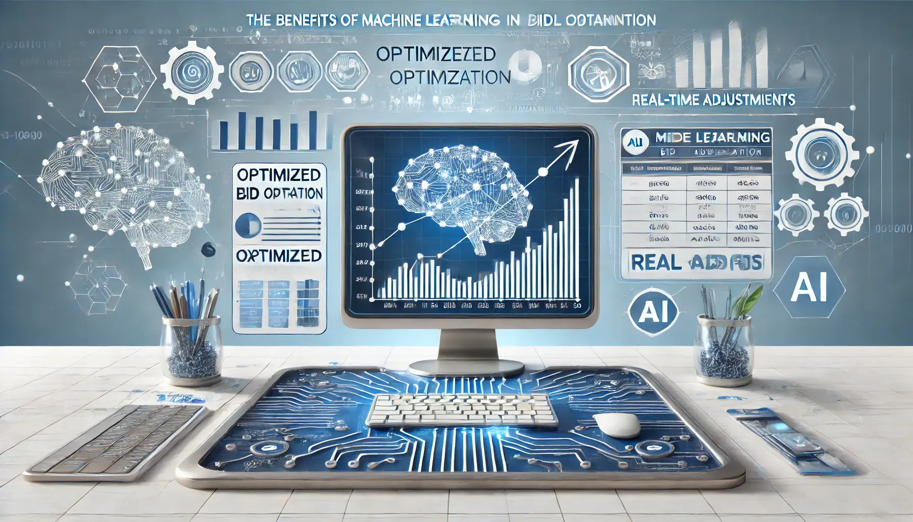 An image showing the benefits of machine learning in bid optimization, with optimized bid graphs, performance data, and AI elements like neural networks and algorithms.