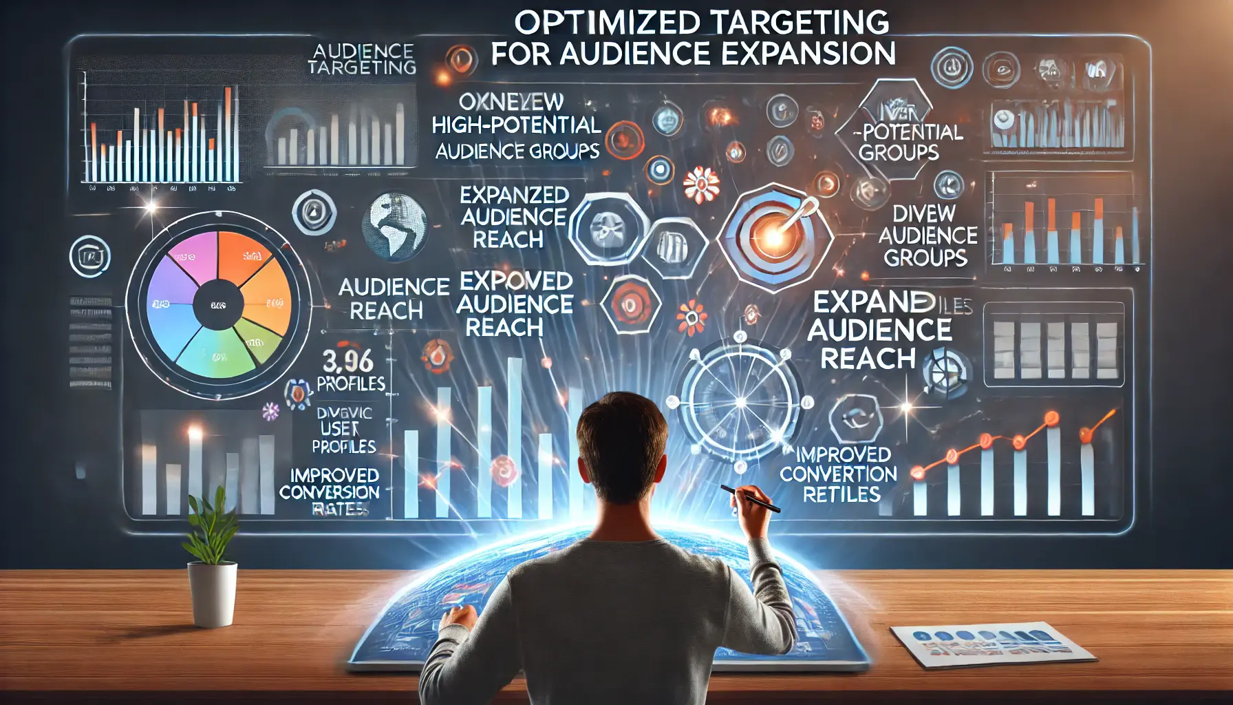 An image showing the benefits of optimized targeting for audience expansion, with a digital marketer using data analysis tools to reach new high-potential audience groups.