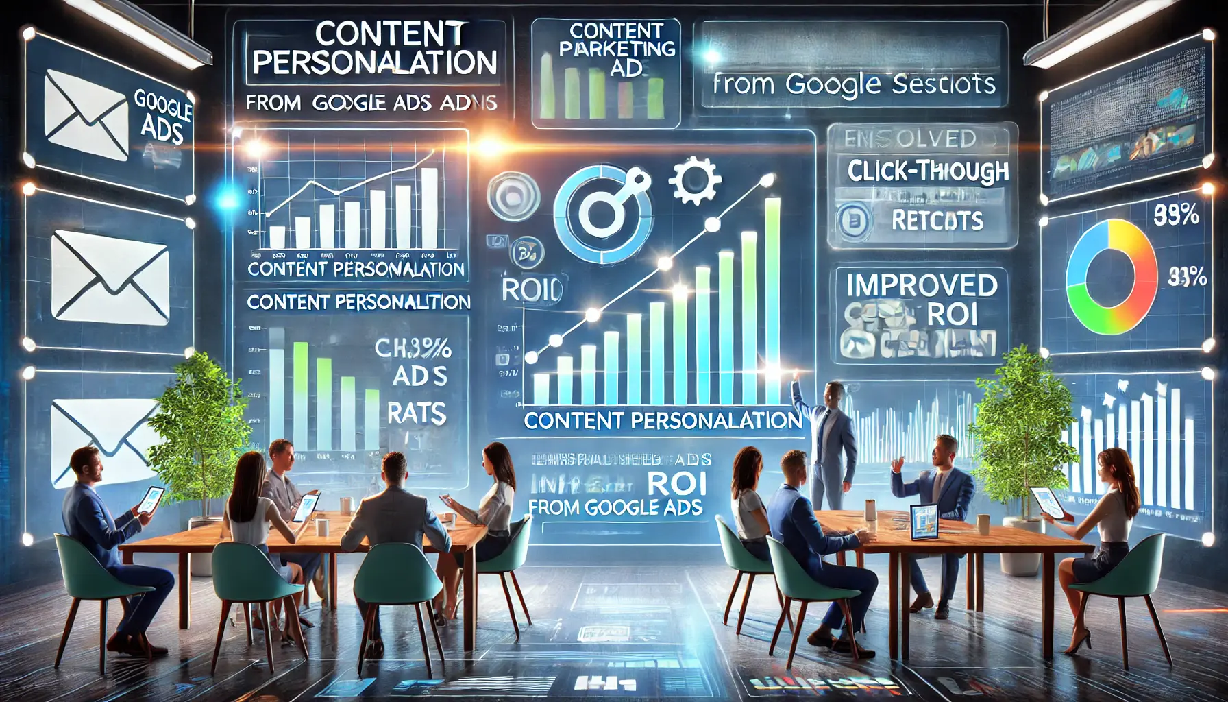 A digital marketing dashboard illustrating the benefits of personalized Google Ads campaigns with rising metrics.