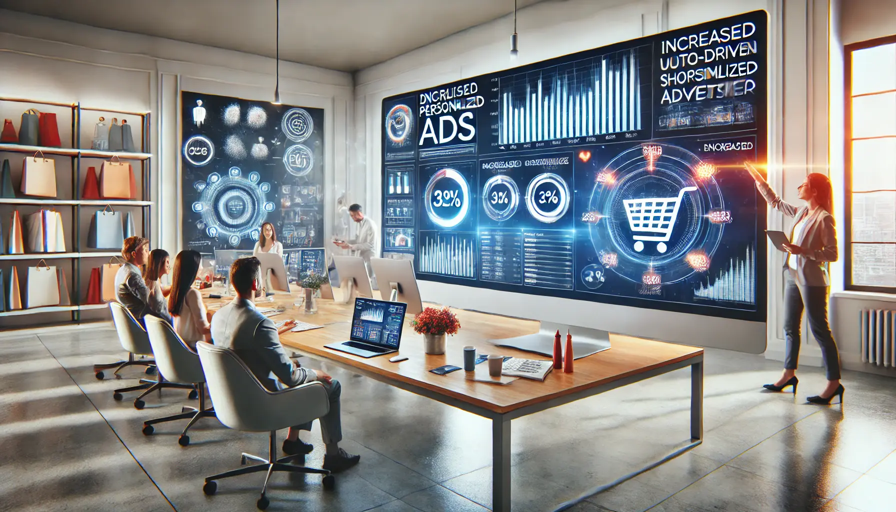 A digital workspace featuring a computer displaying personalized ad analytics with visuals of shopping carts, customer profiles, and user behavior graphs.