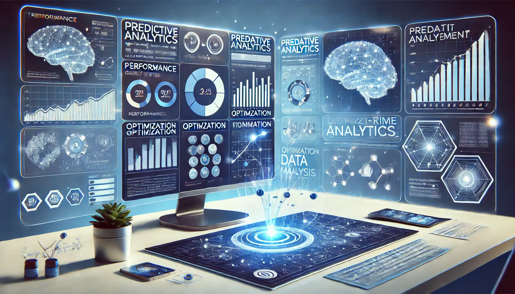 An image showing the benefits of predictive analytics in campaign management, with a digital workspace displaying performance metrics, optimization graphs, and AI-driven analysis.