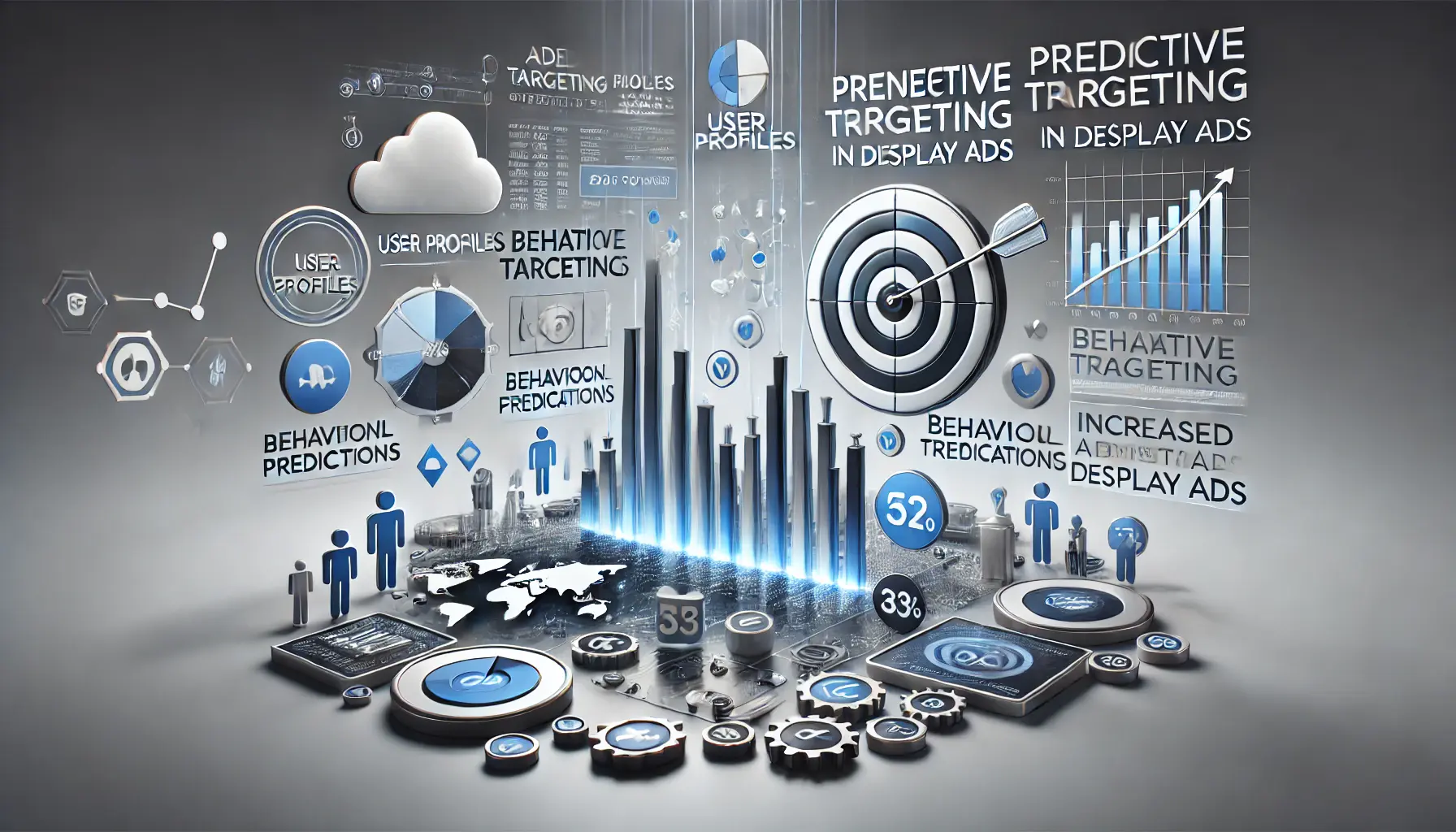 Abstract illustration showing the benefits of predictive targeting with user profiles, ad placements, and behavior prediction in cool tones.