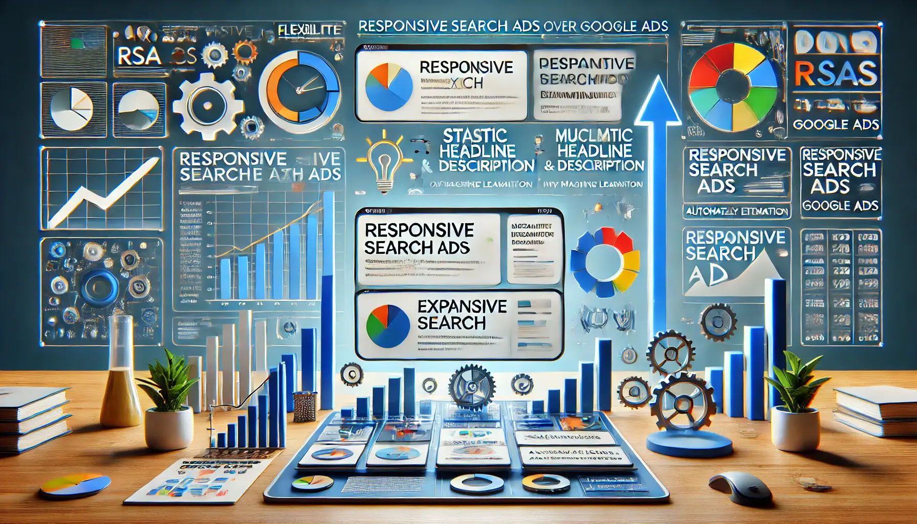 A comparison of two digital dashboards: one with static Expanded Text Ads and the other with dynamic Responsive Search Ads, showcasing machine learning optimization.