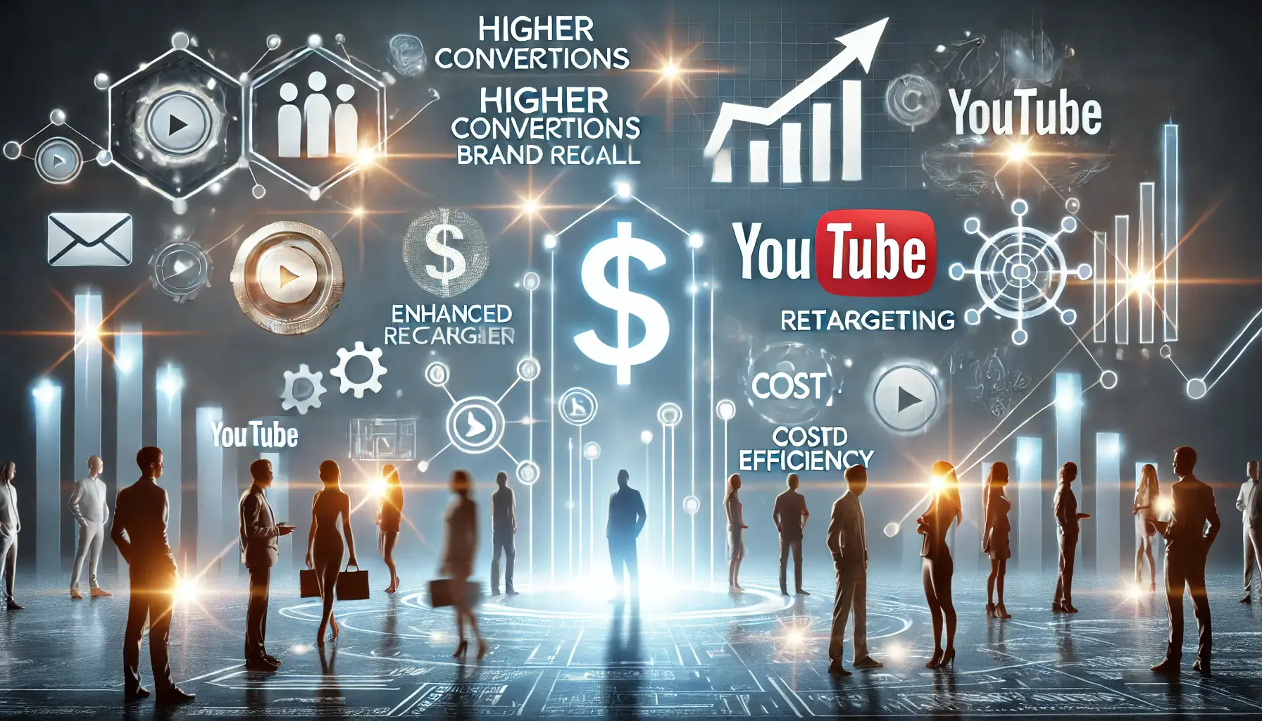 A dynamic illustration showcasing the benefits of retargeting on YouTube, with icons symbolizing conversions, brand recall, and cost efficiency, surrounded by YouTube-themed elements.