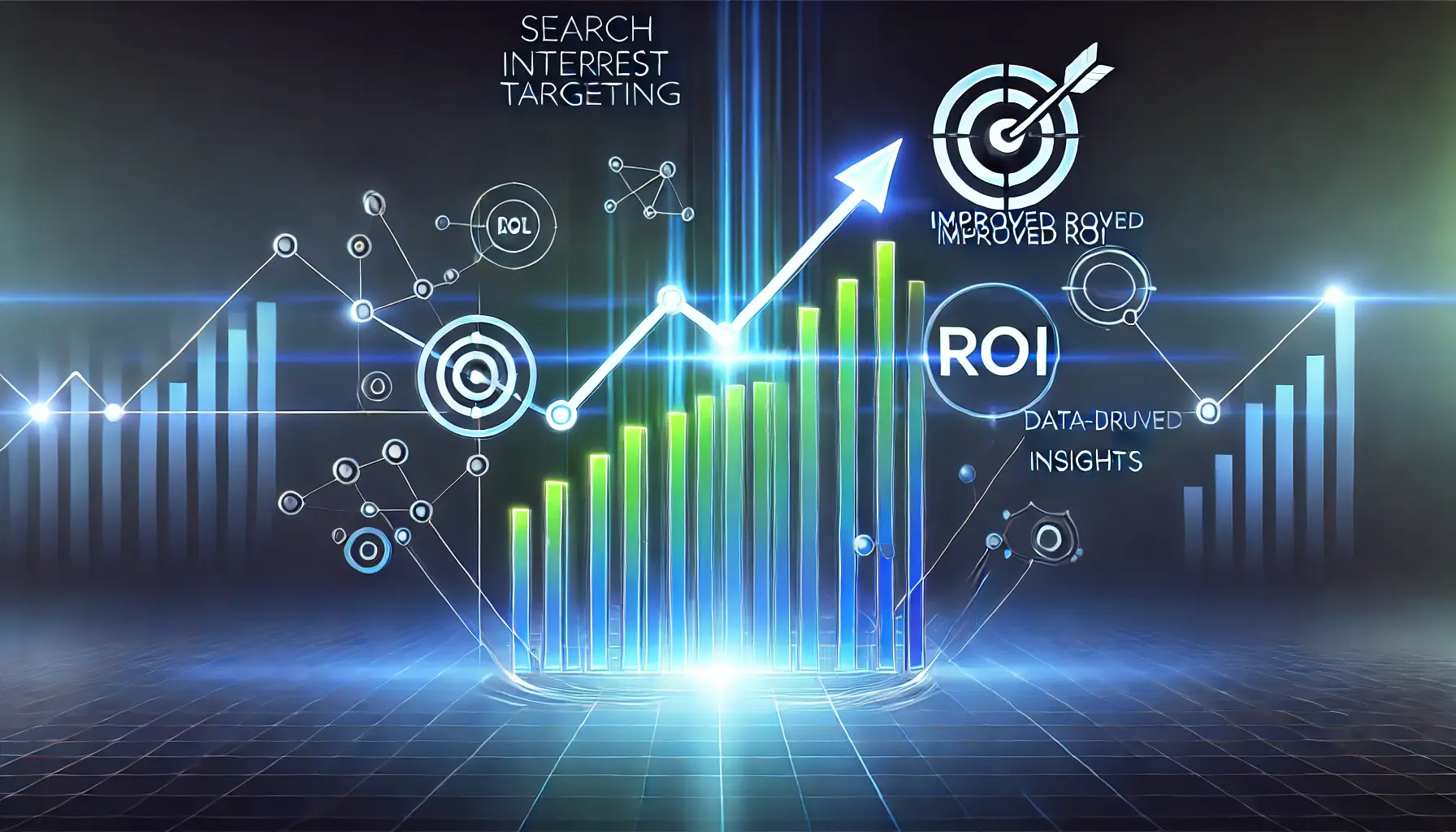 Abstract illustration showcasing the benefits of search interest targeting with a target icon, upward-pointing graph, and interconnected data lines.