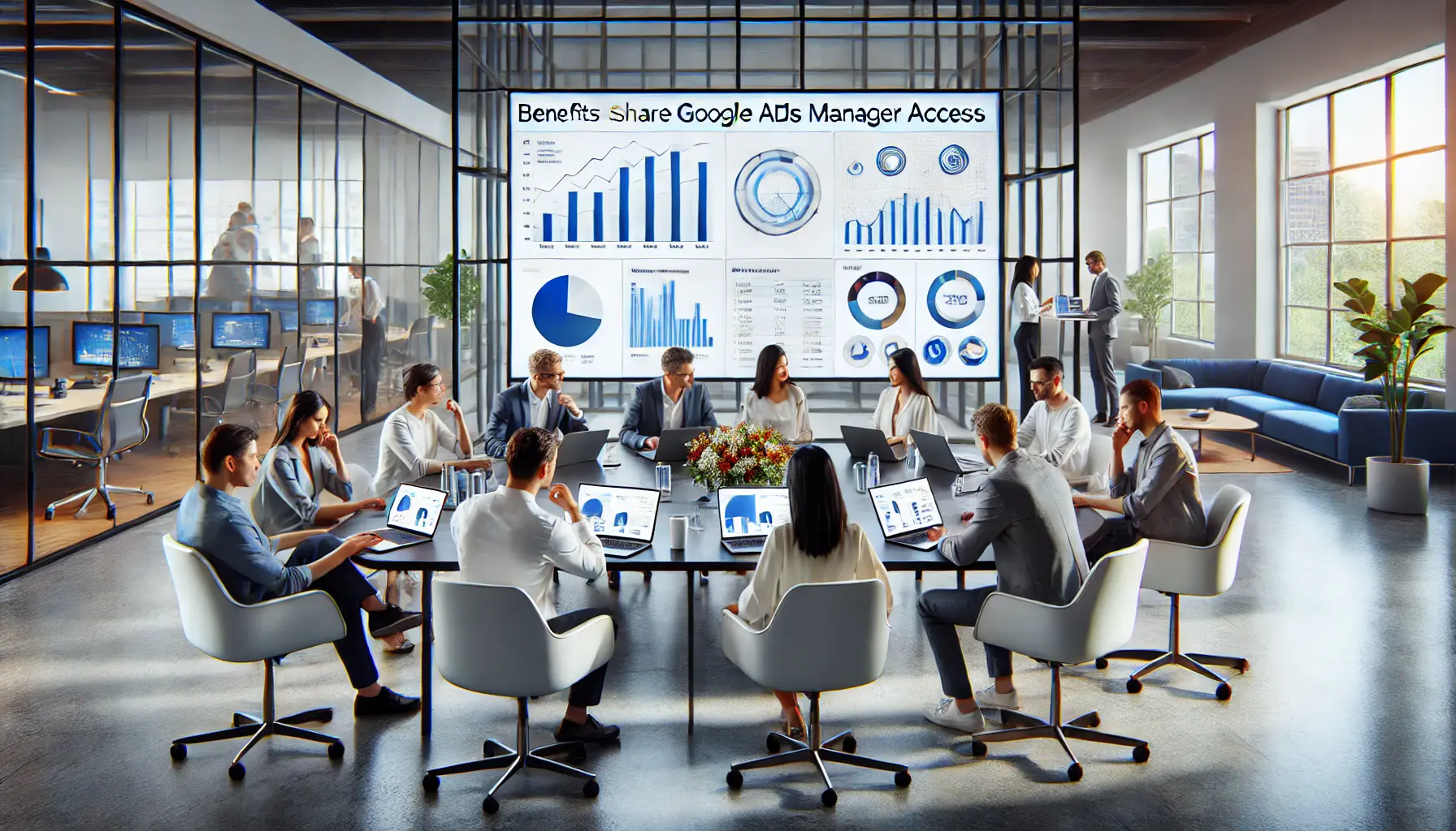 A team of professionals collaborating around a table with a screen displaying analytics, symbolizing the benefits of sharing Google Ads Manager access.