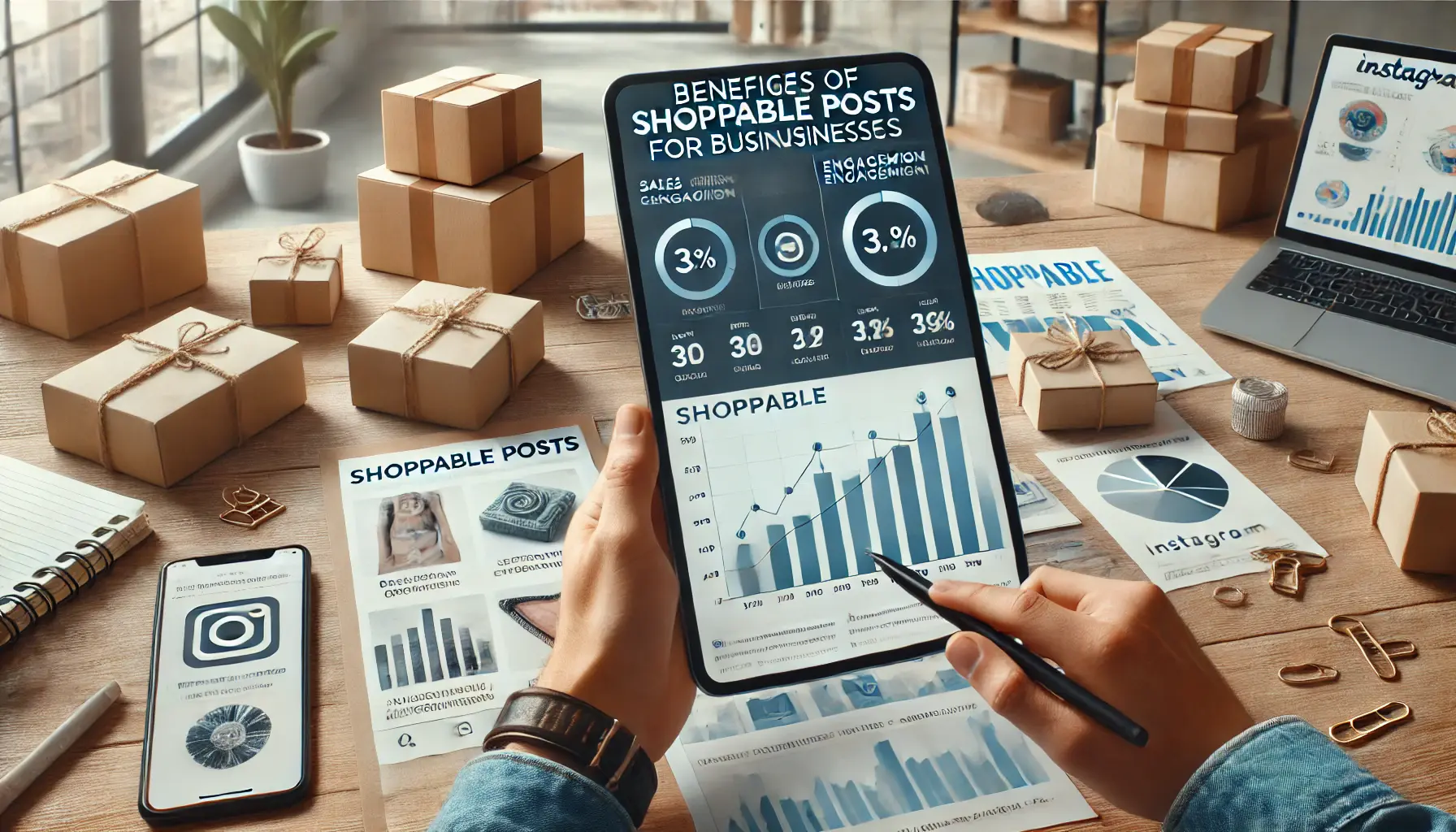 A small business owner using a tablet displaying Instagram analytics with graphs of sales growth and packages in the background.