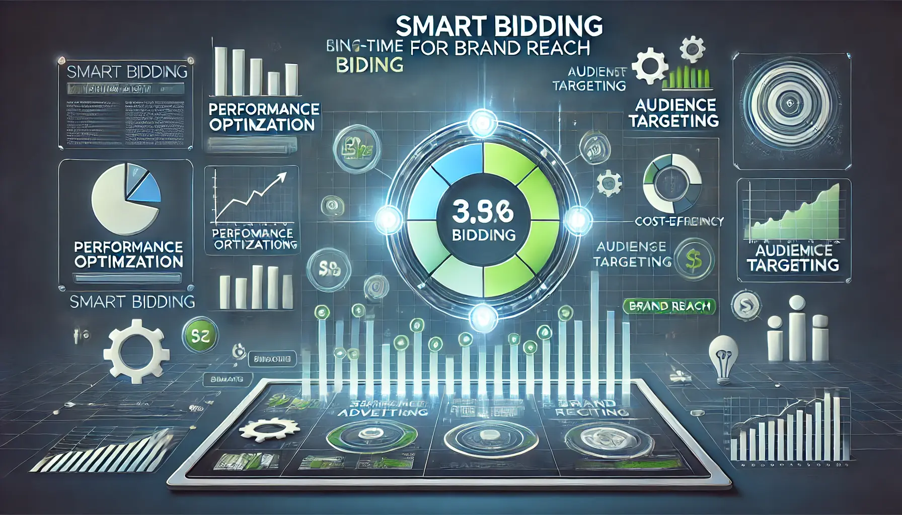 Digital advertising platform showing real-time bidding adjustments and graphs indicating increased reach and visibility.