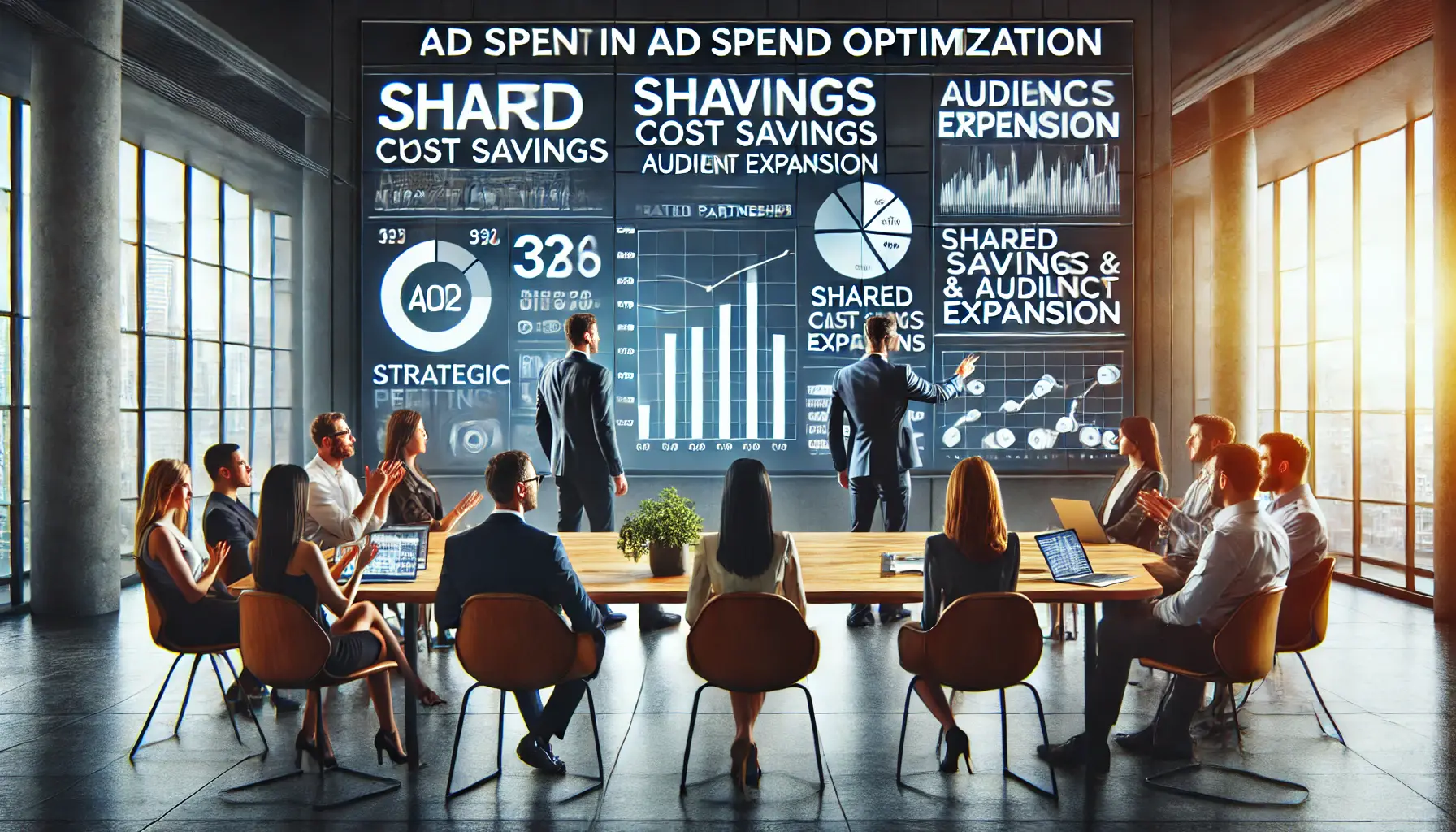 Marketers from two brands analyzing cost savings and audience expansion metrics on a digital screen in a modern workspace.