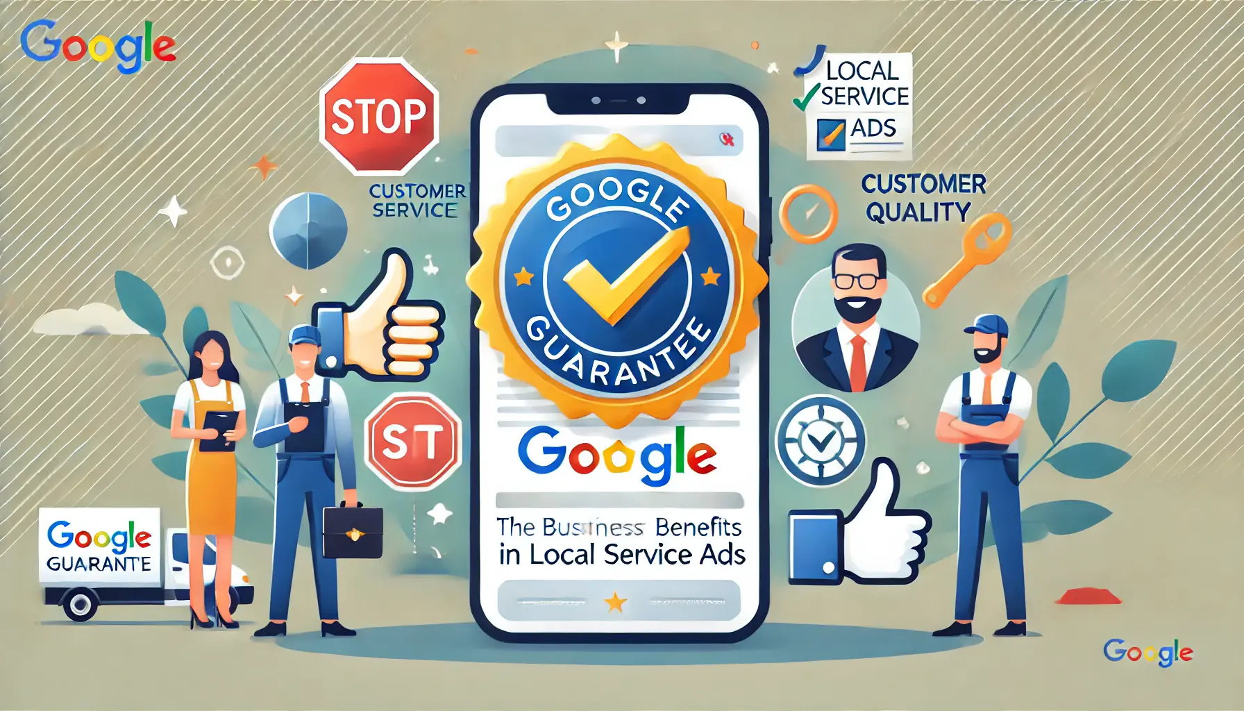 An illustration showing a business profile with the Google Guarantee badge surrounded by icons of trust, customer assurance, and verified quality.