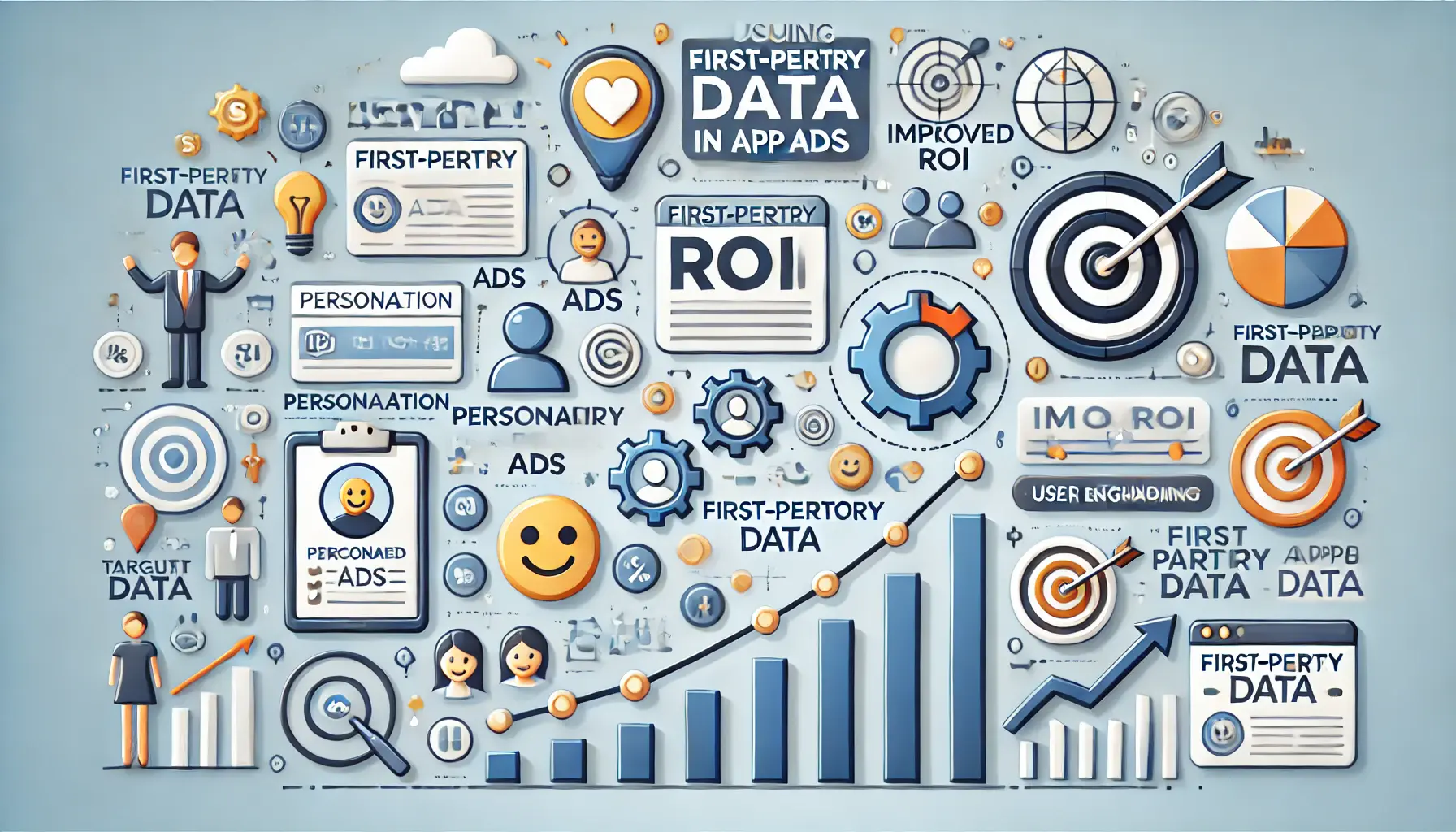 An image showcasing the benefits of first-party data in app advertising, including personalization, improved ROI, user engagement, and data analysis tools on a modern digital background.