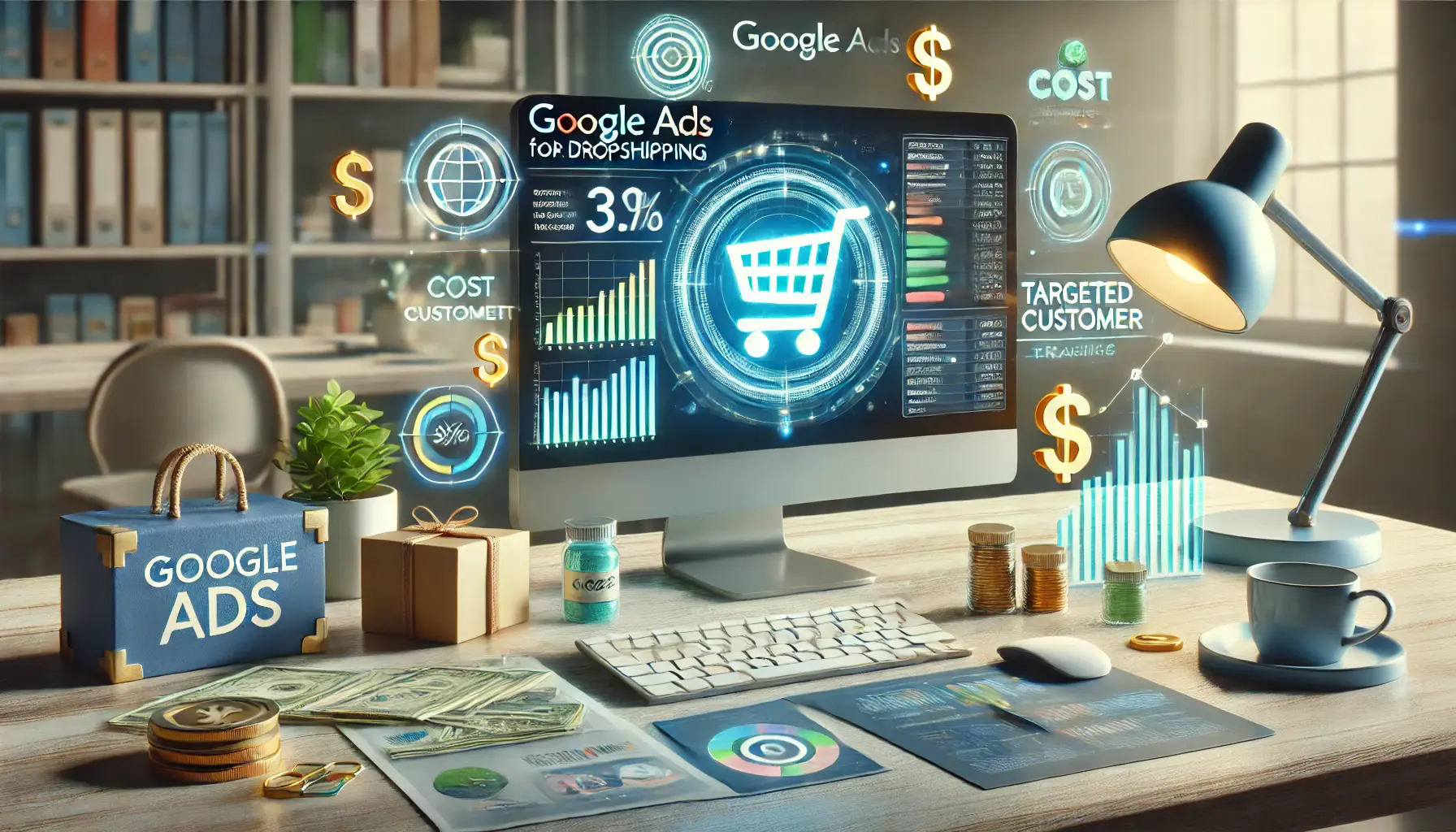 A desktop with a Google Ads dashboard surrounded by e-commerce items like product boxes, a miniature shopping cart, and analytics charts, symbolizing targeted traffic and cost efficiency.