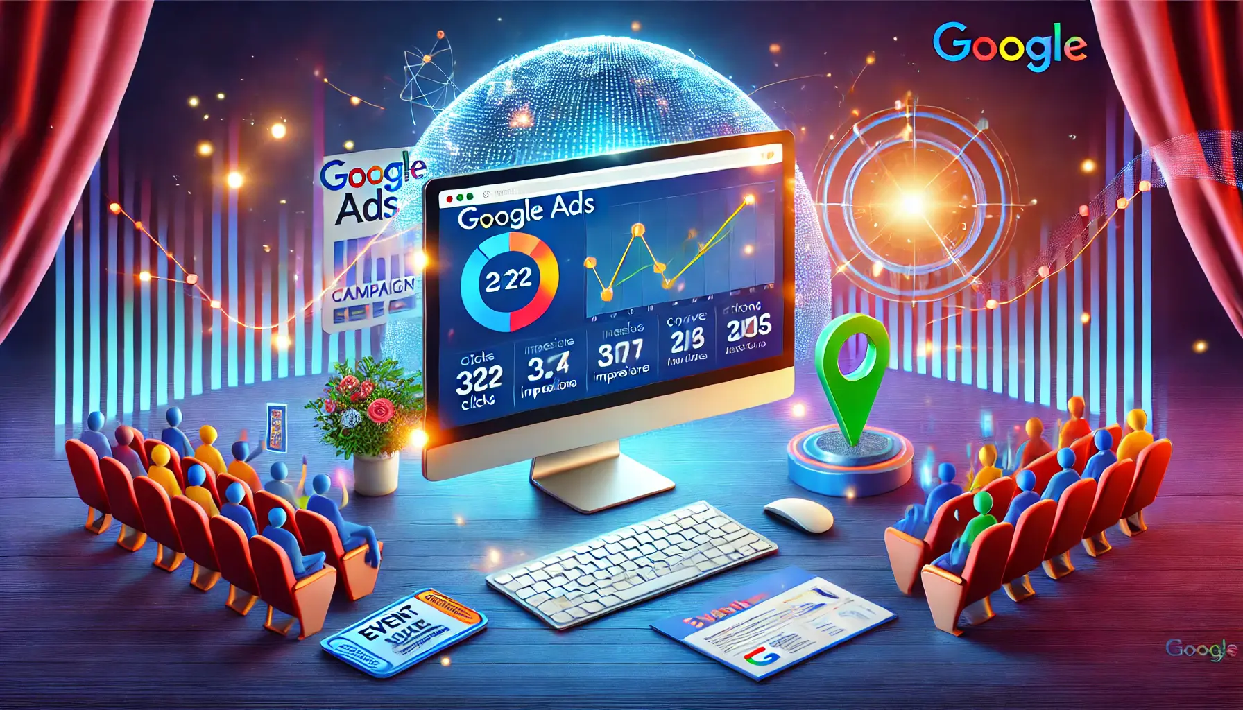 An illustration of Google Ads benefits for events, featuring a computer screen with analytics, surrounded by event marketing symbols like tickets and a globe.