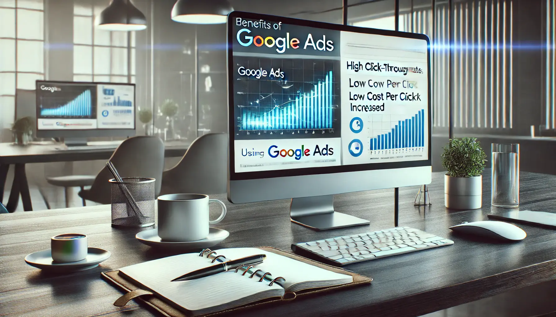 A modern workspace with a computer screen displaying Google Ads metrics, including high click-through rates and increased conversions.