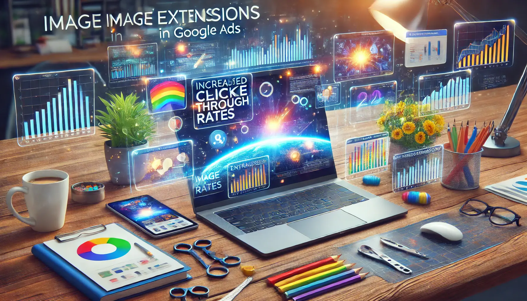 Digital marketing workspace featuring a dashboard with vibrant ad visuals and analytics showing increased user engagement.