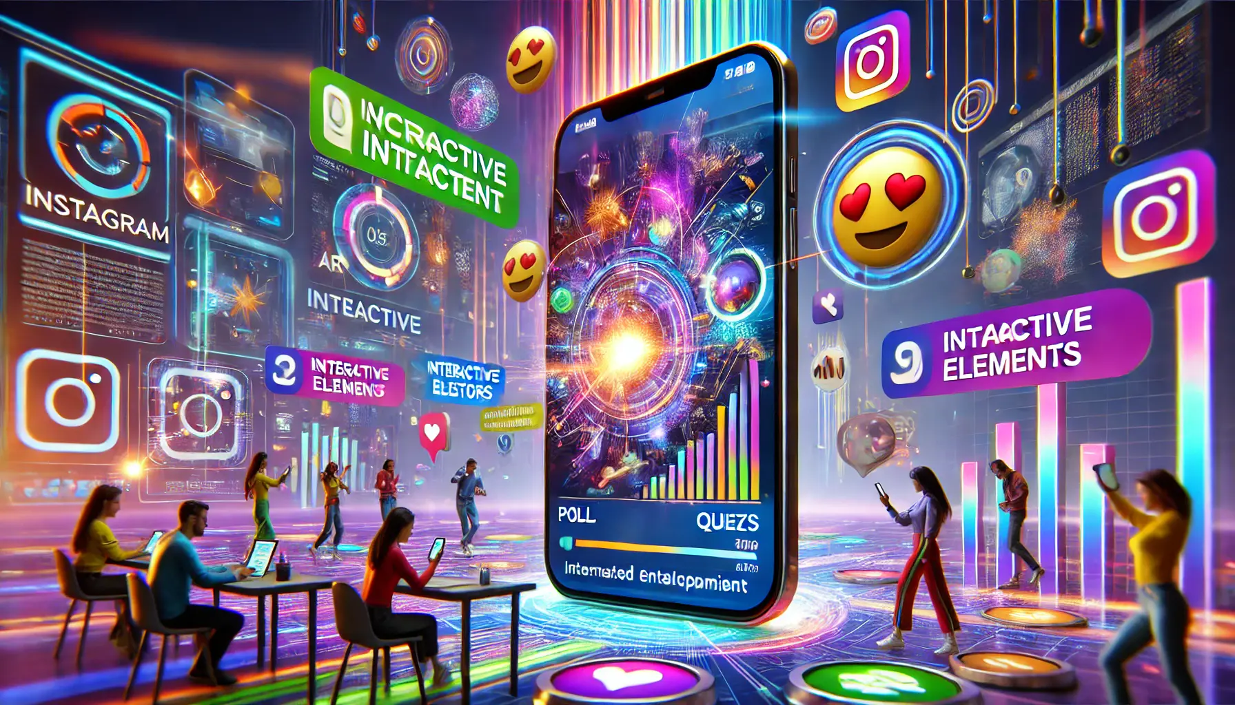 A futuristic digital marketing scene showcasing Instagram ads with interactive elements like polls, quizzes, emoji sliders, and AR filters, emphasizing user engagement.