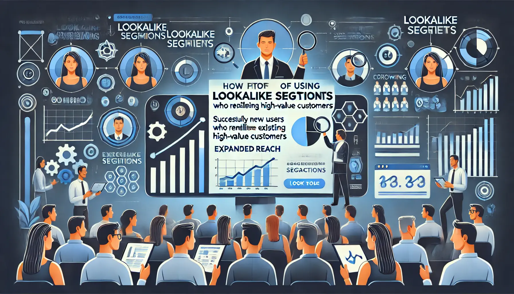 An image showing the benefits of using lookalike segments in digital marketing, with a digital marketer targeting new users who resemble high-value customers, leading to increased reach and conversions.