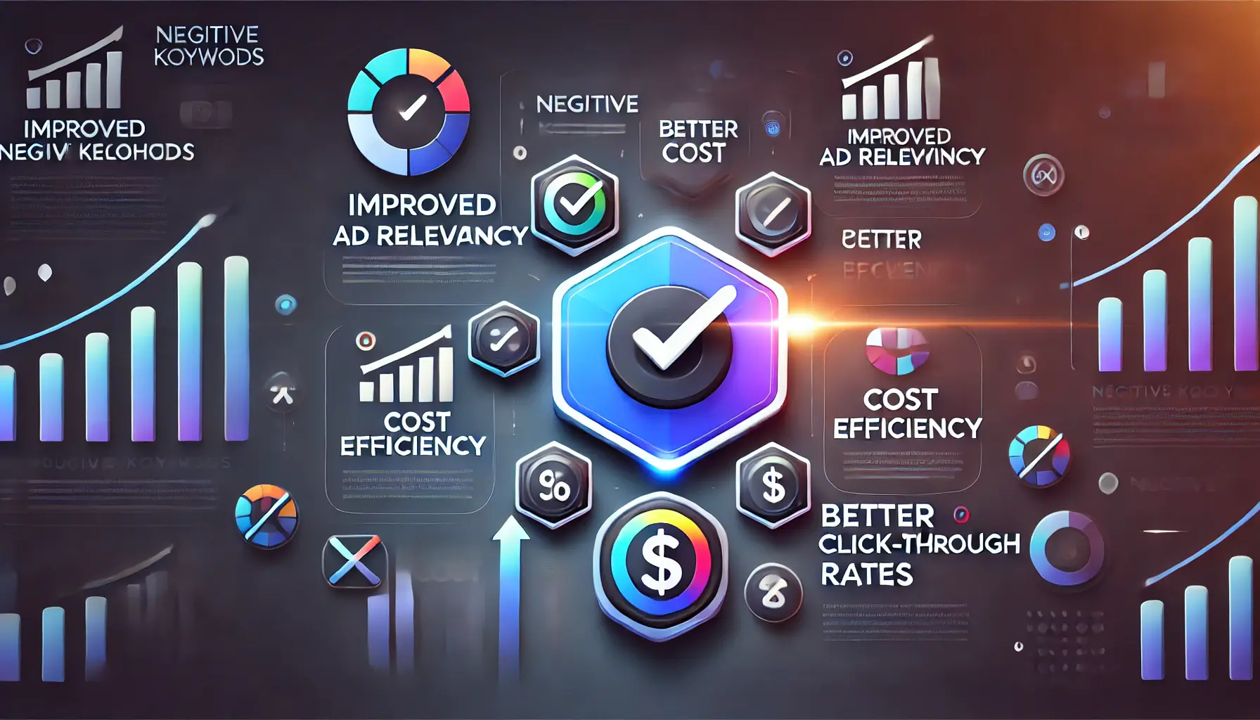 Abstract representation of the benefits of using negative keywords in Google Ads, with icons like checkmarks, arrows, and dollar signs.