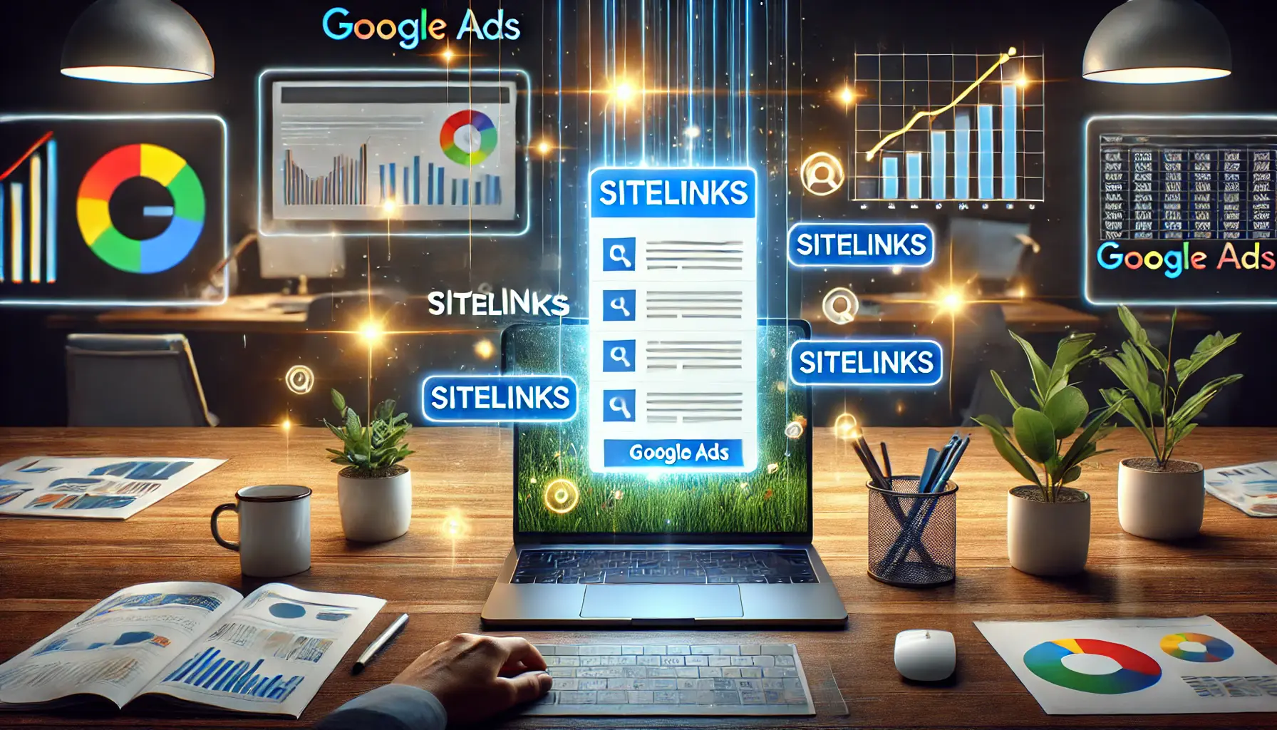 A Google Ads interface showcasing an ad with sitelinks beneath it, highlighting their benefits in enhancing visibility and engagement.