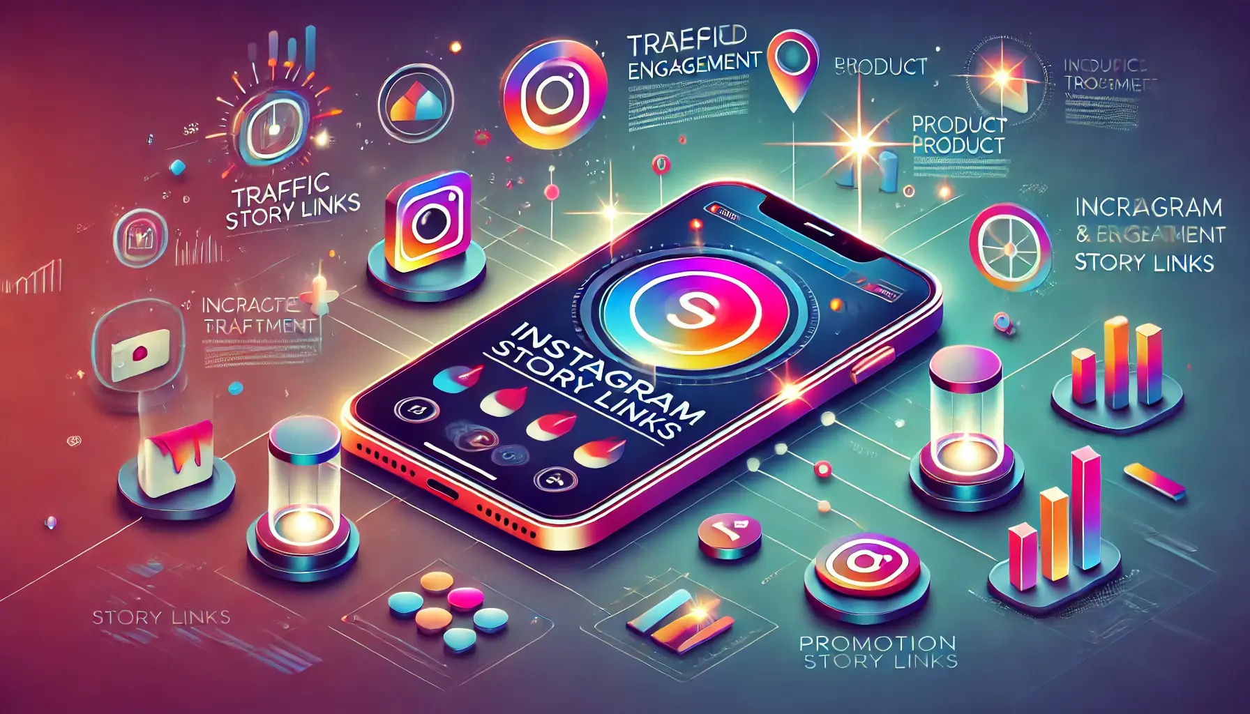 An Instagram interface highlighting marketing benefits like analytics, traffic, and engagement with vibrant gradient visuals.