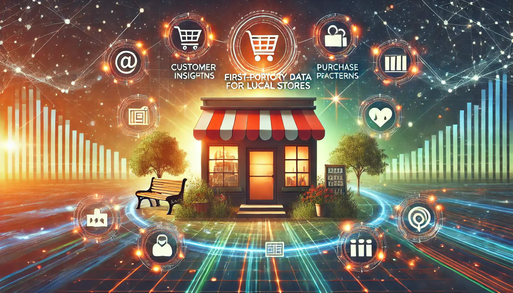 A visually engaging illustration of a local storefront surrounded by dynamic elements representing customer insights, loyalty programs, and data-driven advertising.