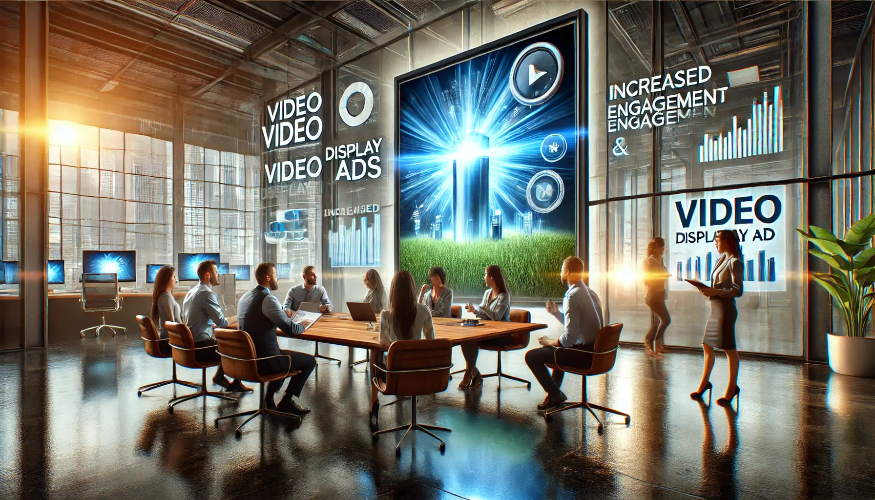 Marketing professionals discussing the benefits of video display ads, with a dynamic video ad playing on a large screen.