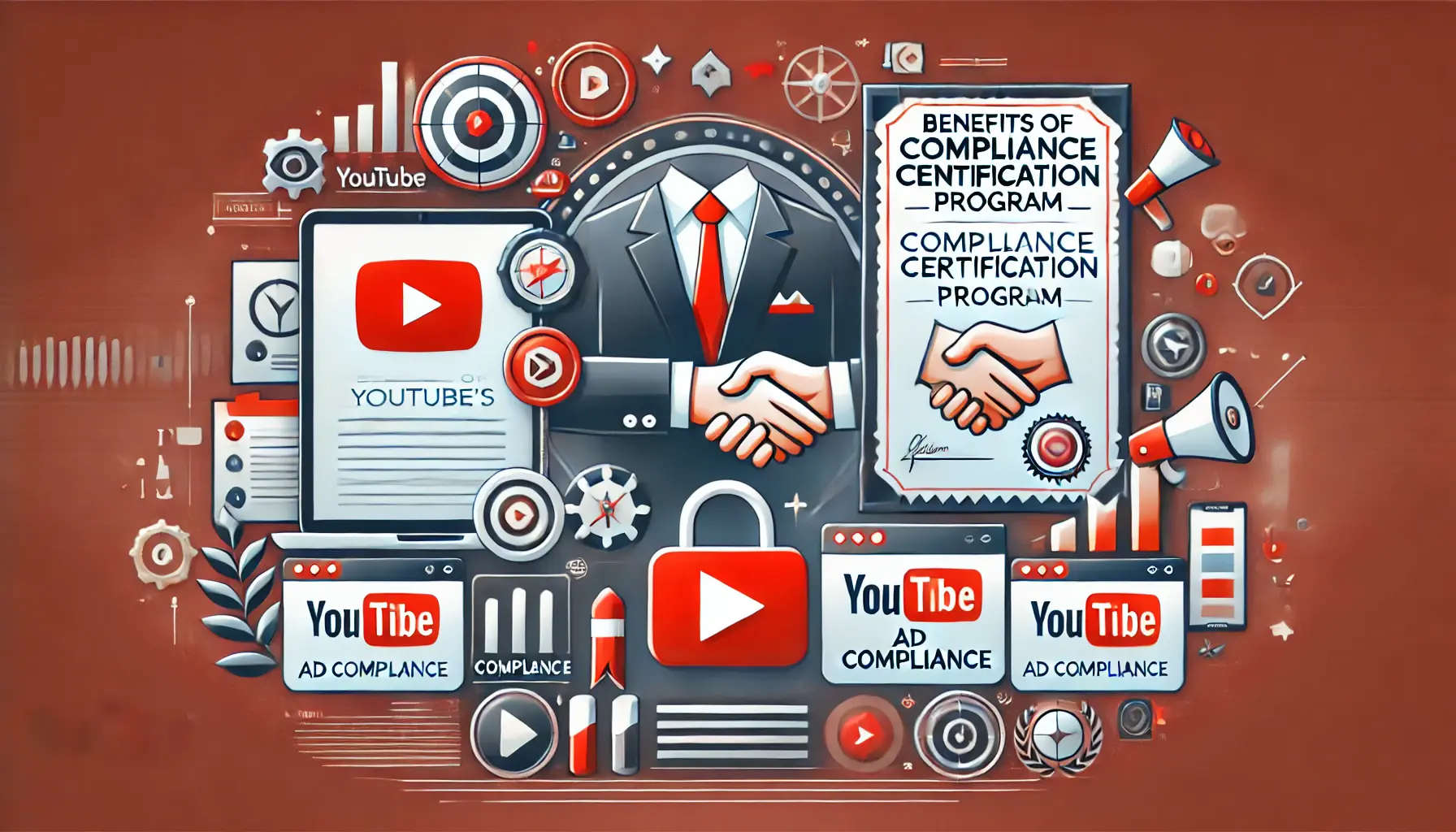 An image showing a certificate or badge, a professional handshake, and a digital ad compliance interface.