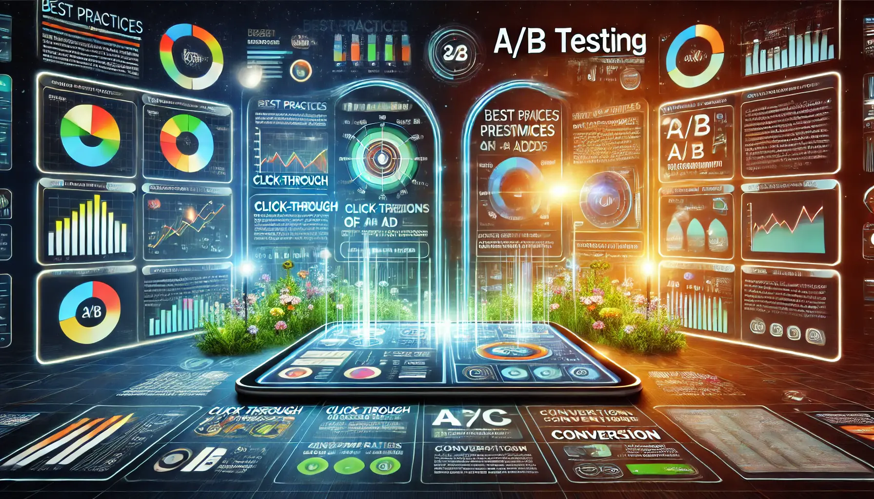 A digital interface showing two ad versions side by side with performance metrics like click-through rates, engagement graphs, and conversion tracking.